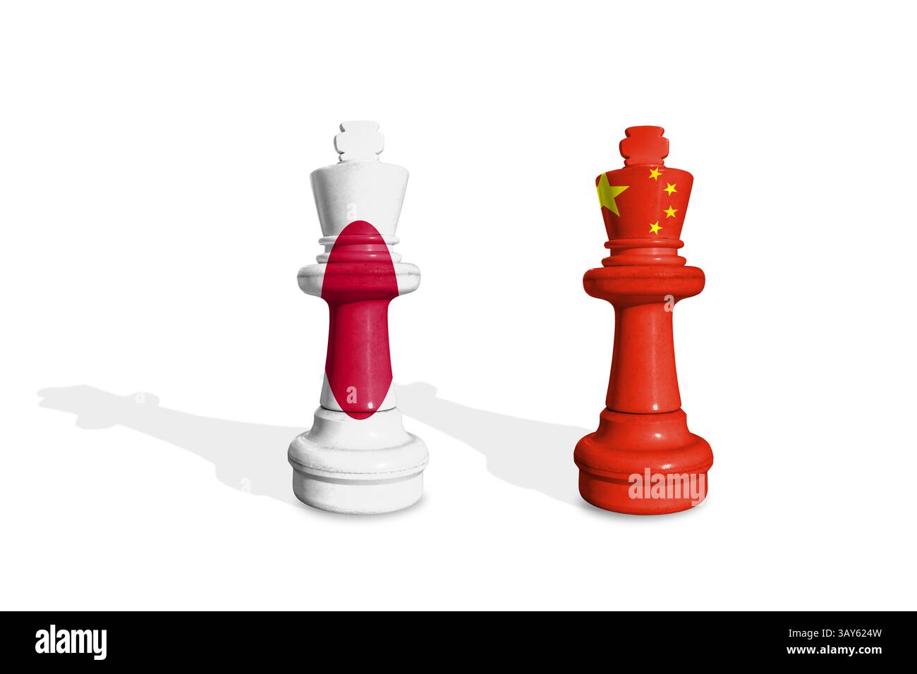 Scacchi fatti con bandiere del Giappone e della Cina. Guerra commerciale, doganale e tariffaria Foto Stock