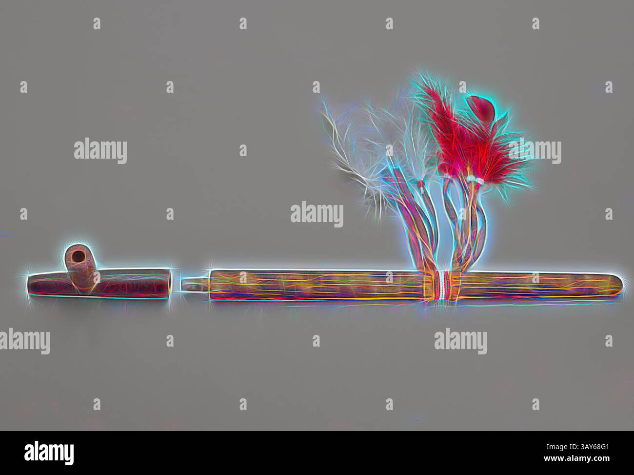 Una rappresentazione artistica di una tradizionale pipa da fumo, adornata da piume vivaci che emergono dalla sua ciotola, che mostra una miscela di materiali naturali e intricata maestria artigianale. Pipa, persone Sioux, 1900-1979, stelo in legno con pelle, pennacchi e perle di plastica; ciotola in catlinite, 4 x 22-3/4 x 1-1/4 in. (installato, senza frangia) 13 x 22-3/4 x 1-1/4 poll. (Installato, con frangia) A) vaschetta del tubo: 3-3/8 x 5-3/4 x 1-1/4 in. B) stelo, senza frangia: 3/4 x 18 x 1-1/4 poll., stelo, con frangia: 10-1/2 x 18 x 1-1/4 poll., con segno, lato inferiore della vaschetta del tubo, lato vicino al quale è inserito lo stelo del tubo: Cervo in movimento Foto Stock