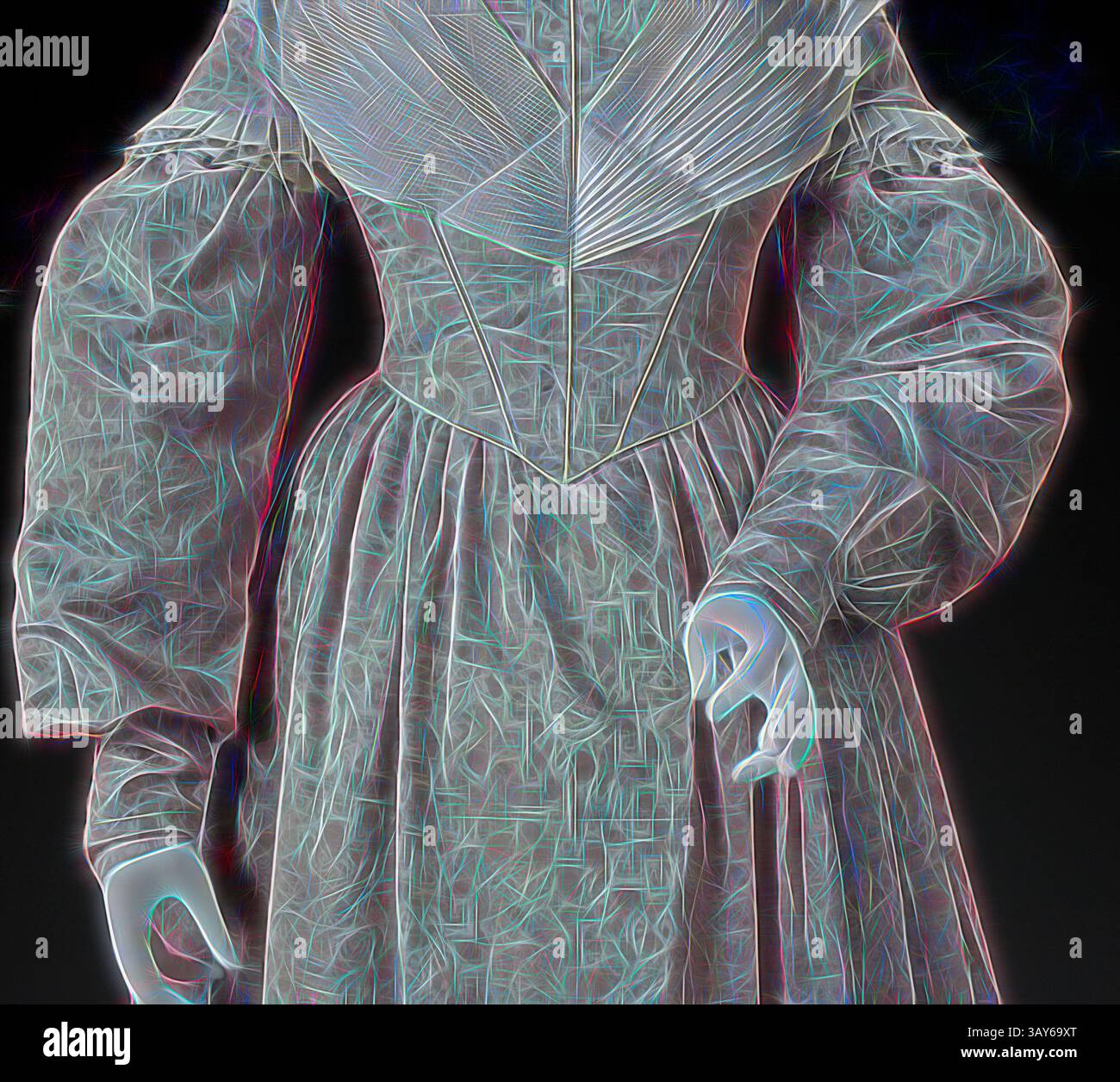 Un abito vintage presenta maniche eleganti e fluide e dettagli intricati, con un corpetto strutturato che mostra elementi di design classici e un senso di moda senza tempo., Dress, Unknown, Designer, 1837, seta, fodera in cotone, lunghezza: 51 cm, arte tessile e moda, arte classica con un tocco moderno reinventata da Artotop Foto Stock