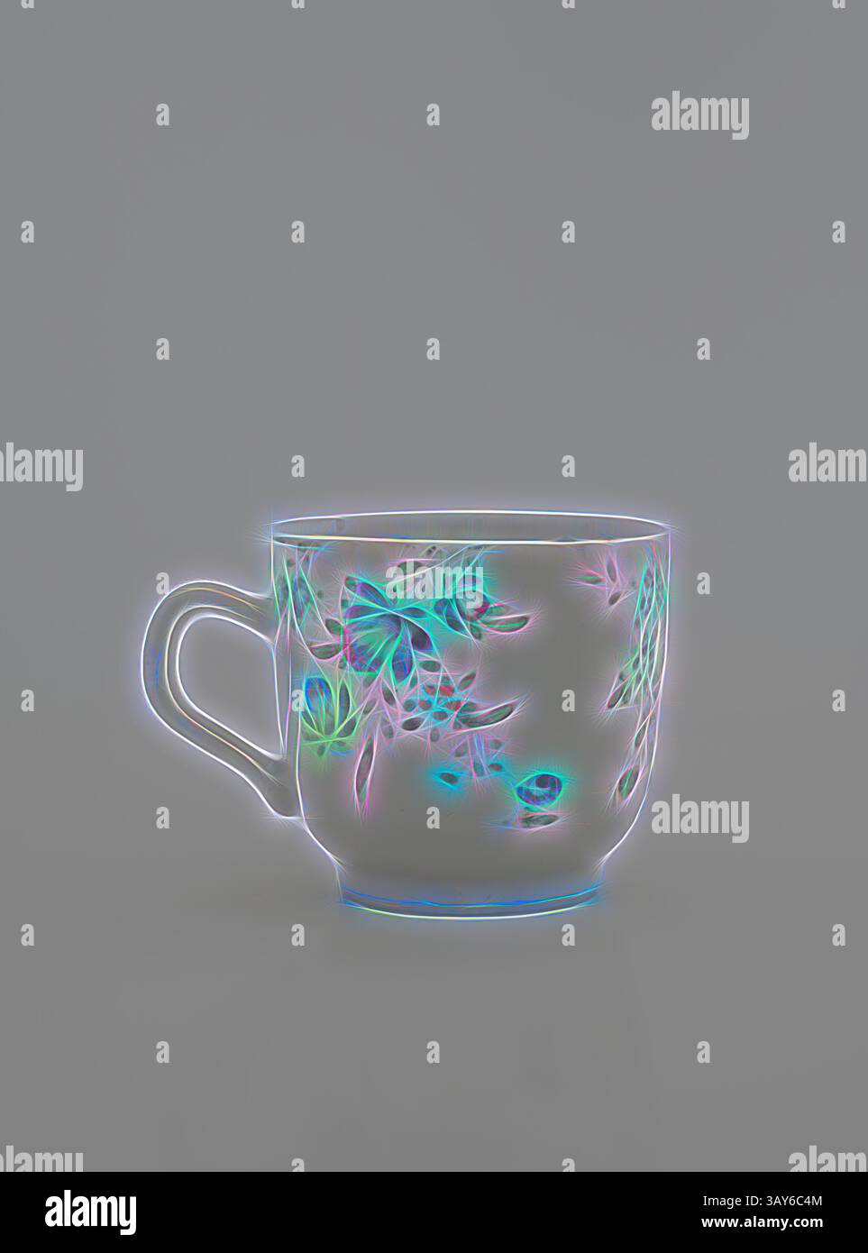 Un delicato teacup decorato con un design floreale che irradia colori tenui intorno al suo profilo, creando un effetto onirico. Tazza da tè con manico, smalto multicolore del XVIII secolo su porcellana, 2-11/16 x 2-5/8 (diam.) In., arte asiatica, arte classica con un tocco moderno reinventata da Artotop Foto Stock