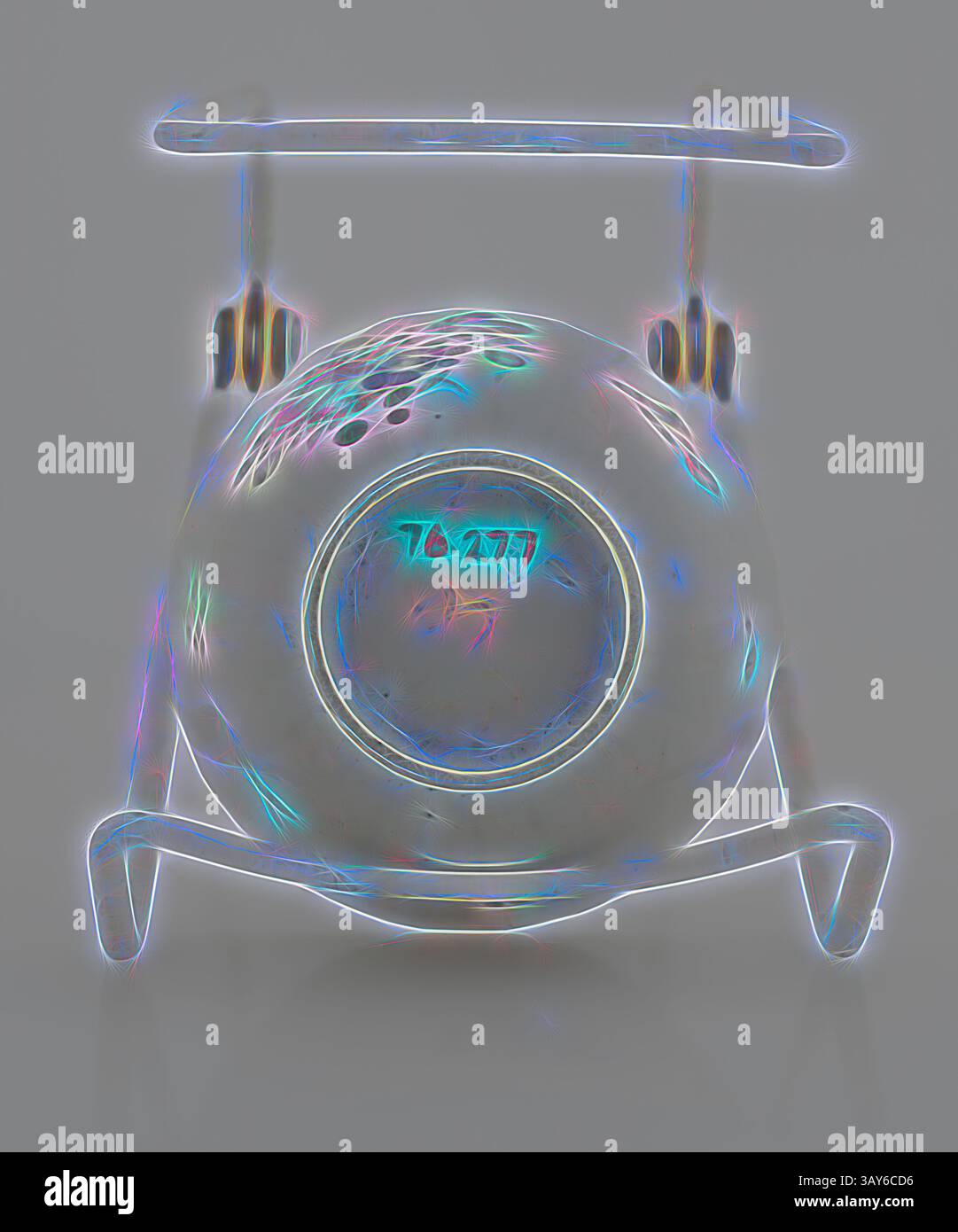 Un elicottero dal design futuristico, caratterizzato da un corpo arrotondato con una superficie liscia e trasparente, illuminato da vivaci riflessi dell'arcobaleno. Le pale del rotore sono posizionate in modo elegante, per un aspetto elegante. Tazza da tè, XVIII secolo, smalto su porcellana, 1-7/8 x 3 (diam.) In., arte asiatica, arte classica con un tocco moderno reinventata da Artotop Foto Stock