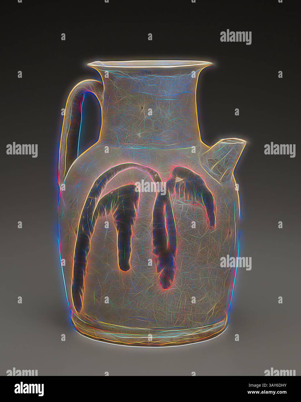 Una rappresentazione artistica di una caraffa in ceramica, caratterizzata da disegni stilizzati di palme e un beccuccio curvo, che trasuda un aspetto unico e strutturato con contorni vibranti., ewer con design astratto, sconosciuto, dinastia Tang, anni '800, gres (Changsha Ware), h: 8-3/4 pollici, arte cinese, asiatica, arte classica con un tocco moderno reinventata da Artotop Foto Stock