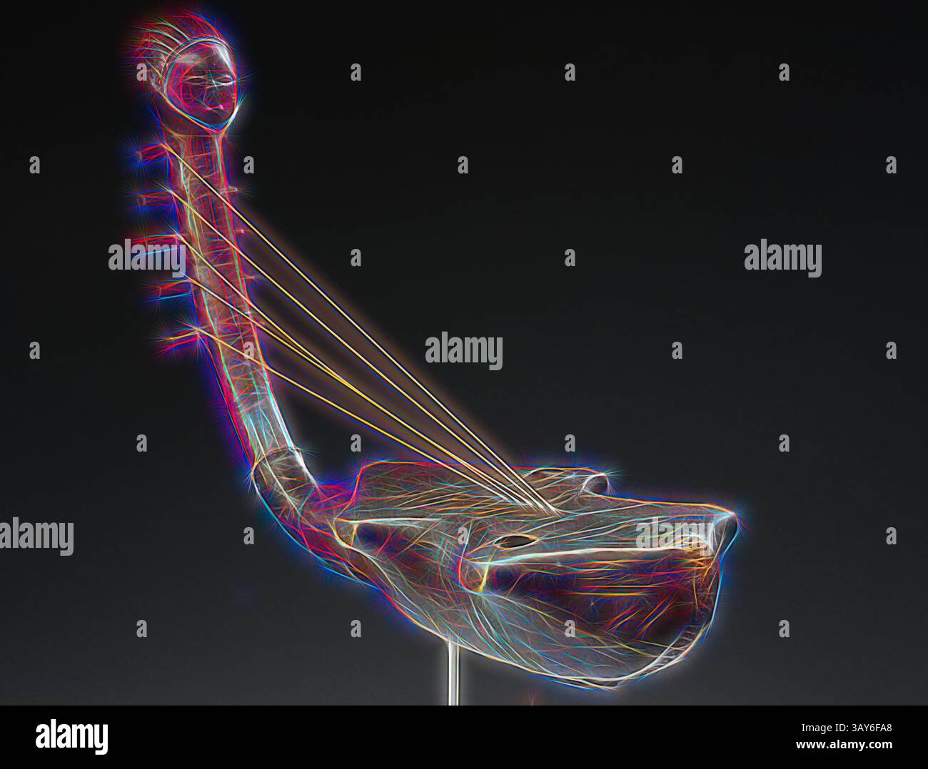 Strumento a corda dal design complesso con una forma unica, con corde prominenti e un corpo testurizzato. La composizione esalta i dettagli artistici, mettendo in risalto l'artigianalità e la forma dello strumento. pelle, fibra, ferro, 25-3/4 x 15-3/4 x 8-1/4 poll., arte africana, arte classica con un tocco moderno reinventata da Artotop Foto Stock