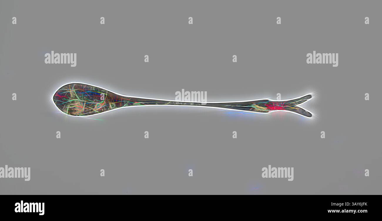 Cucchiaio dalla forma unica con manico allungato e estremità decorativa a forma di forchetta, con motivi intricati e una superficie scintillante. CUCCHIAIO, 10-1/2 l, arte asiatica, arte classica con un tocco moderno reinventato da Artotop Foto Stock