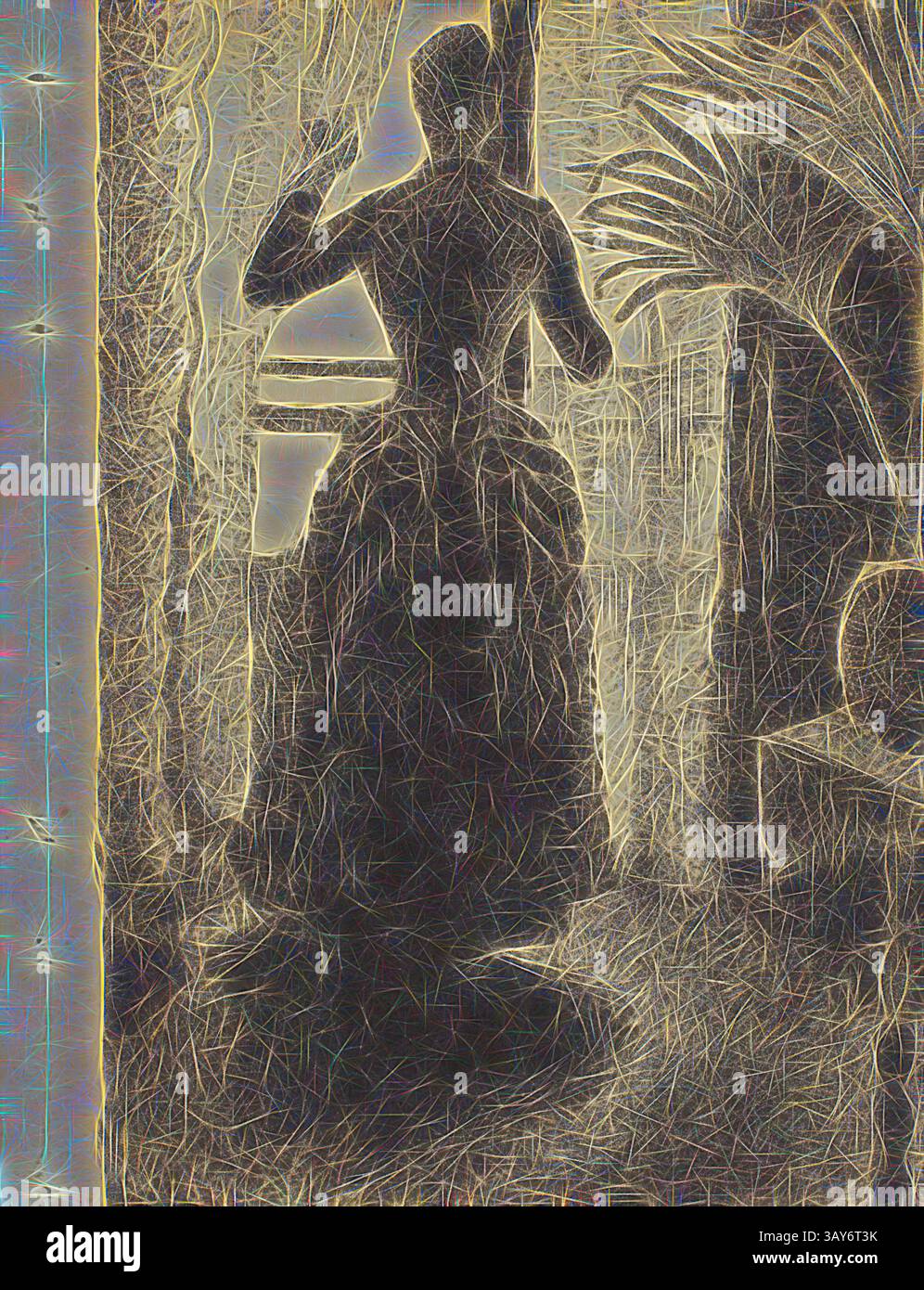 La silhouette di una donna in un abito fluente si staglia accanto a una finestra, incorniciata da linee e texture morbide, creando un'atmosfera da sogno. I delicati motivi evocano l'ambiente lussureggiante, evocando un senso di nostalgia e tranquillità. Le Dimanche parisien, di Revue Independent (Edition de Luxe), Paul Signac (francese, 1863-1935), 1887, inchiostro su carta, litografia, 6-7/8 x 4-3/4 poll. (immagine), 6-7/8 x 5-3/8 poll. (Foglio), arte classica con un tocco moderno reinventata da Artotop Foto Stock