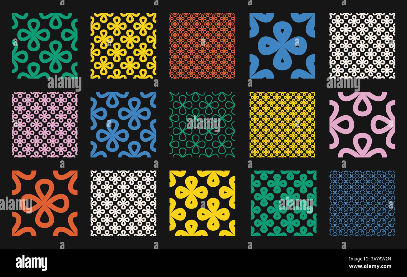 Set di motivi vettoriali senza cuciture con forme floreali a forma di trifoglio nel contorno e stile lineare su sfondi scuri. Design geometrico vibrante, perfetto per le pareti Illustrazione Vettoriale