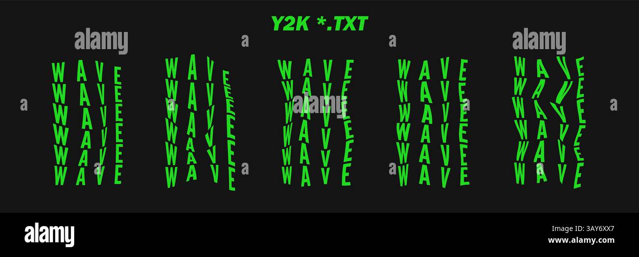 Raccolta di parole psichedeliche scritte - WAVE. Parole psichedeliche retrò futuristiche. Forme geometriche surreali sulle parole, wireframe cyberpunk astratto. Illustrazione Vettoriale