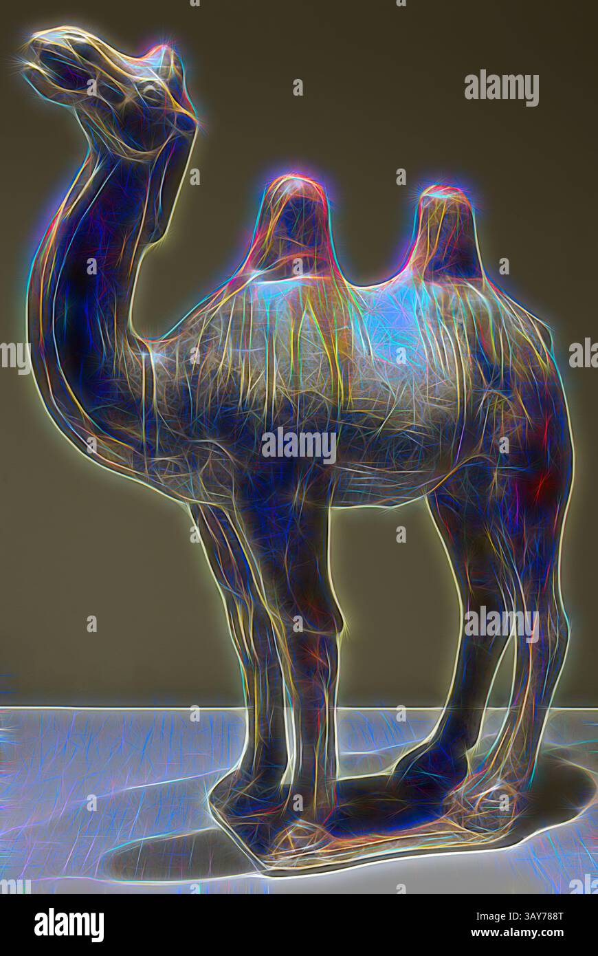 Una scultura stilizzata di un cammello, caratterizzata da intricati motivi di linea e un bagliore luminoso e colorato, si erge elegantemente con due gobbe distintive, adagiate su uno sfondo neutro. Cammello, dinastia Tang, dinastia Tang, circa 700, terracotta con smalto, altezza: 21-1/2 pollici, arte asiatica, arte classica con un tocco moderno reinventata da Artotop Foto Stock