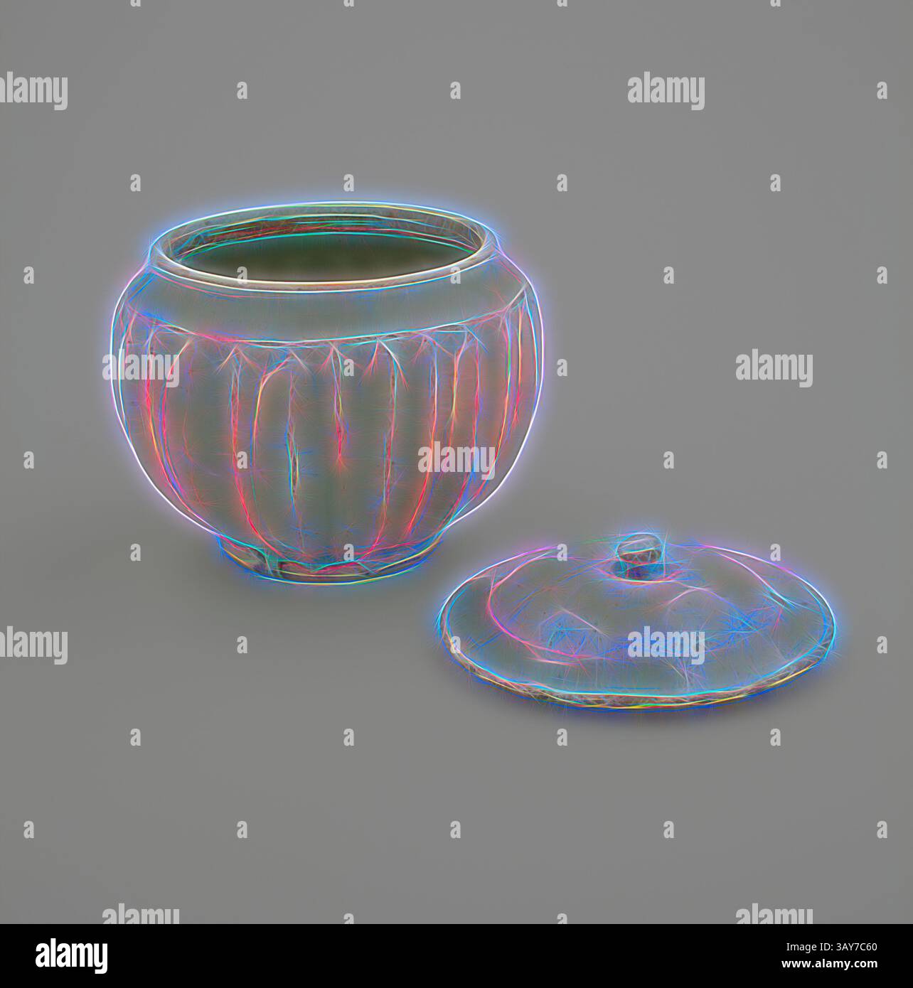 Contenitore decorativo arrotondato con un esterno testurizzato, accompagnato da un coperchio leggermente cupola, entrambi caratterizzati da una luce soffusa che ne evidenzia i contorni e aggiunge una qualità eterea. Vaso con coperchio, dinastia Song meridionale, dinastia Song meridionale, anni '1100, porcellana con smalto bianco-bluastro, 3-3/4 x 2-7/8 poll., arte asiatica, arte classica con un tocco moderno reinventata da Artotop Foto Stock