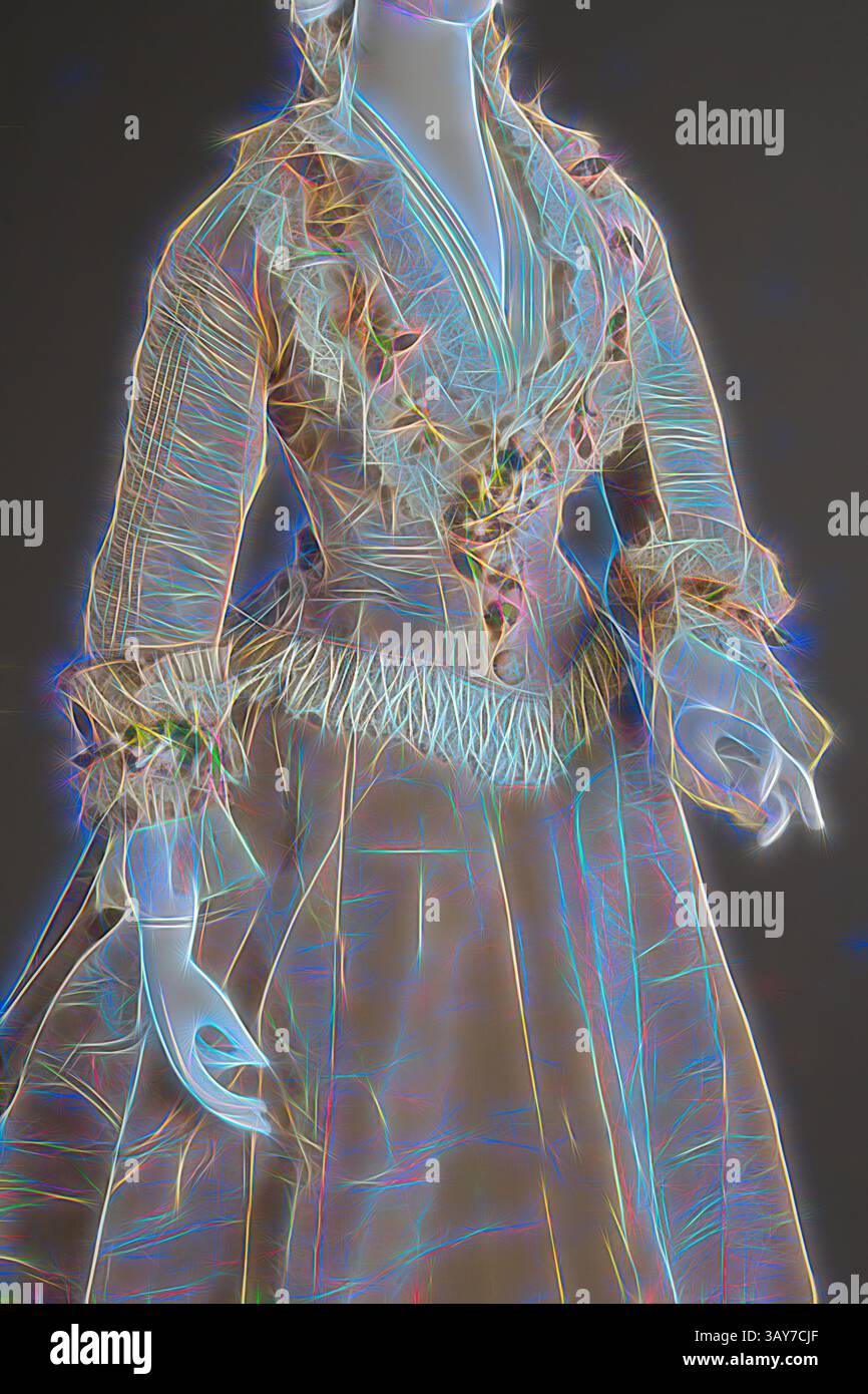 Un abito vintage con intricato pizzo e volant, caratterizzato da corpetto aderente e gonna fluida. Il design è caratterizzato da un'elegante maestria artigianale, che unisce stili classici a decorazioni ornamentali., abito da sposa, I.W. Caley, Manufacturer, 1875, raso di seta, fiori arancioni, rete di seta con petticoat di cotone, gonna: L: 43 poll. (Anteriore) L: 67 poll. (Indietro), corpetto: L: 24-1/2 in., etichetta: I. W. CALEY Dress and Mantle Maker, Norwich, Textile and Fashion Arts, arte classica con un tocco moderno reinventata da Artotop Foto Stock