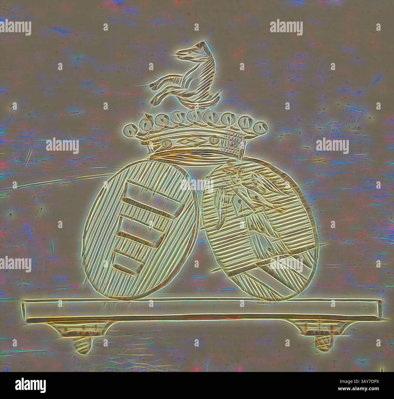 Emblema stilizzato con due forme ovali, ornate da motivi intricati, sormontato da una corona e da una volpe che saltano, simboleggiando nobiltà e agilità. Il design presenta una qualità unica ed eterea: Zuppa tureen, copertina e fodera del servizio Branicki, Jean-Baptiste-Claude Odiot (francese, 1763-1850), Pierre-Paul Prud'hon, Designer (francese, 1758-1823), Adrien-Louis-Marie Cavelier, Designer (francese, 1785-1867), 1819, argento dorato, 21-1/16 x 28-5/8 x 10-3/8 poll., marchi di garanzia (tasse) per gli anni 1809-1819 e 1819-1838 marchi maker per i marchi Jean-Baptiste-Claude Odiot primo titolo (dosaggio) ( Foto Stock