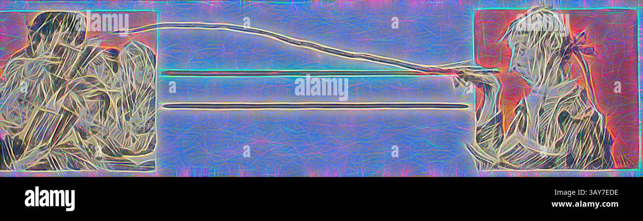 Una rappresentazione creativa di due individui impegnati in un momento intenso, uno con un'arma tradizionale mentre l'altro suona uno strumento musicale, ambientato su uno sfondo vibrante e testurizzato che aumenta la tensione drammatica tra le figure., illustrazione per Sleepy Hollow, Arthur Ignatius Keller (americano, 1866-1924), 1906, penna, inchiostro e acquerello su carta biancastra, 13 x 3-1/4 pollici, inizializzato in, L.R.: A.I.K. con un tocco moderno Foto Stock