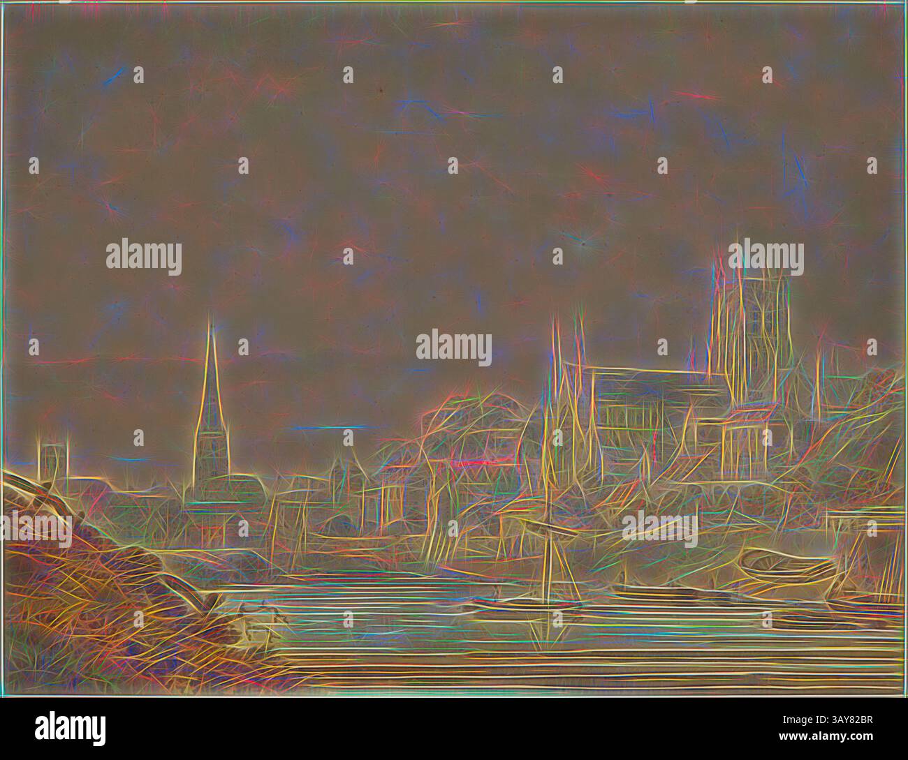 Un paesaggio stravagante caratterizzato da una tranquilla scena fronte mare con rappresentazioni astratte di edifici e guglie, il tutto reso in colori vibranti e vorticosi che evocano una qualità da sogno. L'acqua riflette le incantevoli sagome dell'architettura su uno sfondo soffice e luminoso. Worcester from the River Severn, Edward Dayes (British, 1763-1804), circa 1795, acquerello su matita su carta biancastra, 9 x 11-5/8 pollici, arte classica con un tocco moderno reinventata da Artotop Foto Stock