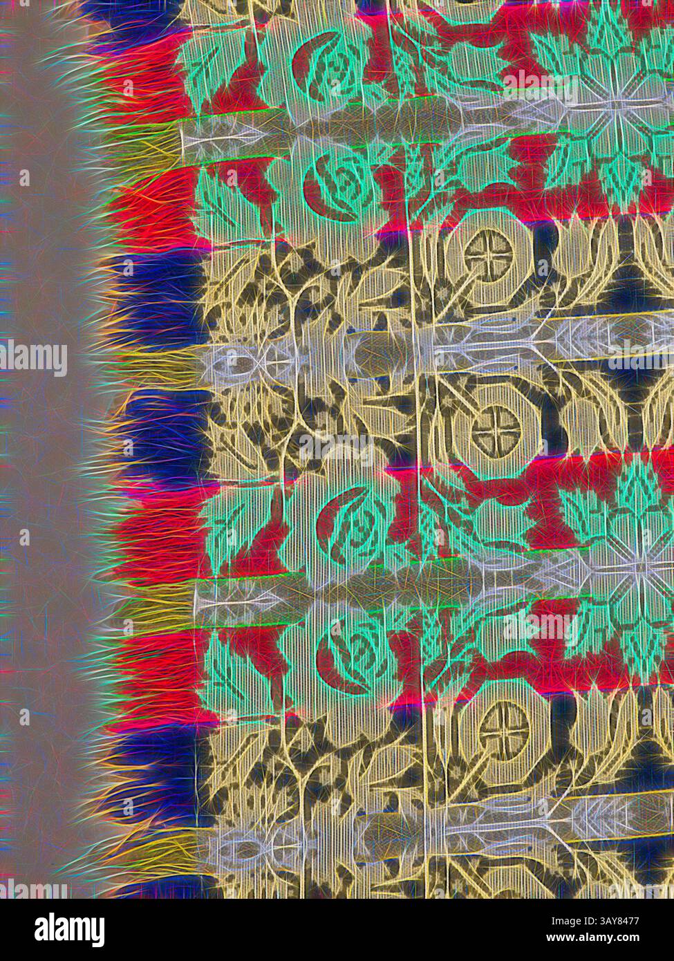 Un motivo intricato caratterizzato da colori vivaci e disegni elaborati, che mostra una miscela di motivi floreali e forme geometriche. La composizione complessiva crea un'esperienza visiva dinamica, attirando l'occhio attraverso le sue complesse texture e i vivaci contrasti., copriletto (Jacquard Coverlet), Henry Brehm (American, 1815-1902), S. Daywald, Client (American), 1837, lana, 97-1/2 x 77-1/2 poll. (senza frangia) 100-1/2 x 82-1/2 poll. (Con frangia), tessuto, blocchi angolari inferiori (uno al contrario): HENRY, BREHM, WOM, ELS, DORF, 1837, S x DAYWALD, Textile and Fashion Arts, arte classica reinventata con un tocco moderno Foto Stock