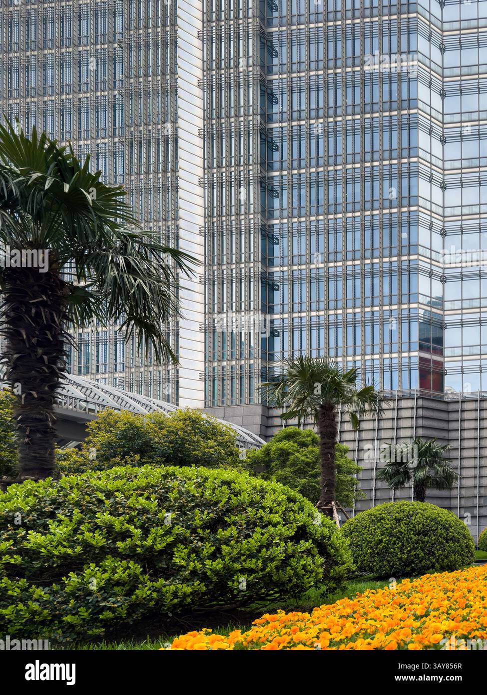 Moderni ed alti edifici della città di Shanghai e colorate aiuole, Cina Foto Stock