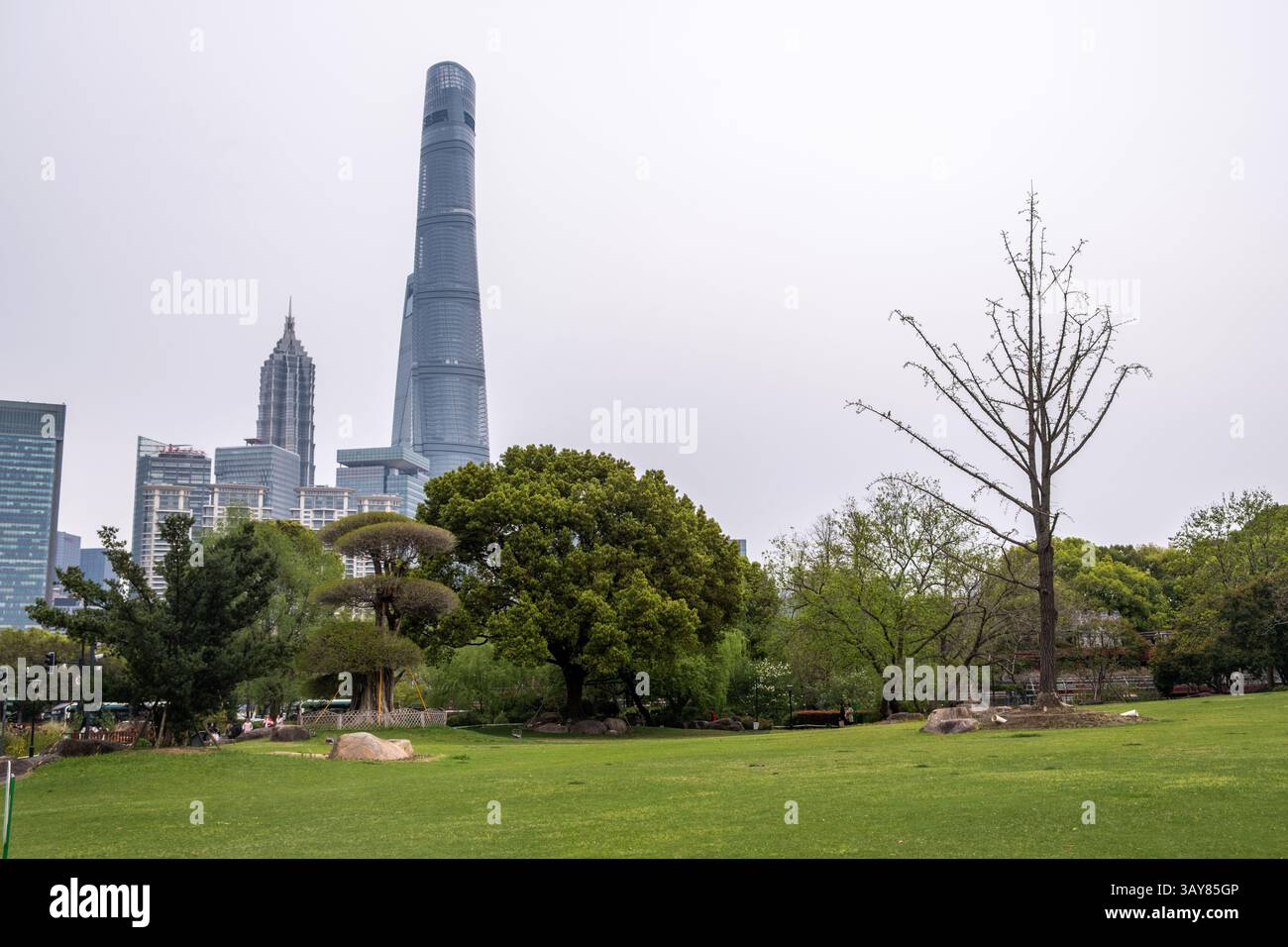 Alti edifici della città di Shanghai contro il cielo nuvoloso, Cina. Grattacieli commerciali e residenziali e parco cittadino Foto Stock