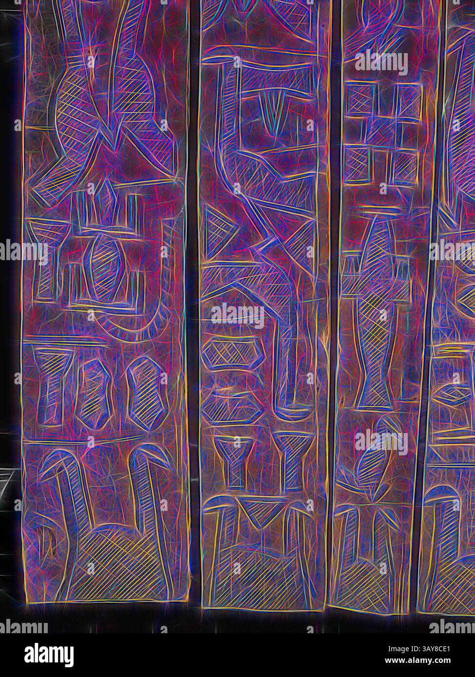 Antiche incisioni raffiguranti intricati motivi e simboli, che mostrano una miscela di forme geometriche e organiche che suggeriscono una ricca storia culturale. Il design presenta texture a strati e linee vivaci che migliorano la profondità visiva., porta per la casa, Nupe People, H: 64-15/16', African Art, arte classica con un tocco moderno reinventata da Artotop Foto Stock