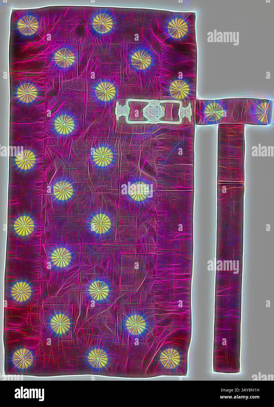 Un tessuto vivace con un design a motivi geometrici con fiori gialli luminosi su un ricco sfondo viola, completato da un cinturino coordinato. Abito da sacerdote buddista (yoko kesa), Edo, Edo, 1789-1869, seta, fili metallici, 23 x 47 poll., arti tessili e della moda, arte classica con un tocco moderno reinventata da Artotop Foto Stock