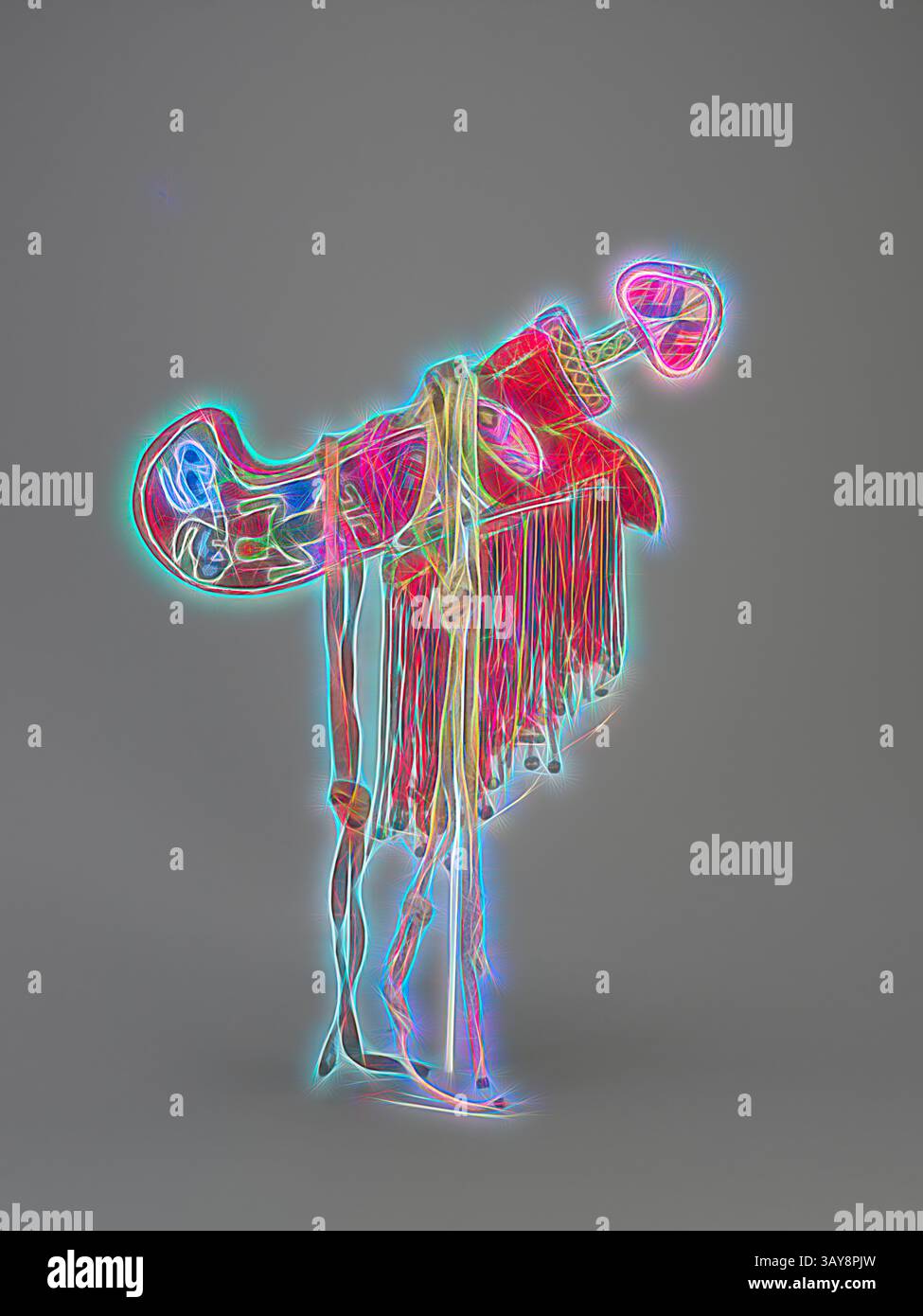 Una figura scheletrica stravagante e dai colori vivaci si erge in una posa giocosa, adornata da tessuti vivaci e abiti fluenti, che irradiano un senso di divertimento e creatività. Spada e guaina cerimoniali, popolo Owo, fine XIX secolo - inizio XX secolo, perle di vetro, stoffa, avorio, ferro, circa. L: 18 poll. (Spada in guaina), circa L:26" (Con elementi appesi), arte africana, arte classica con un tocco moderno reinventata da Artotop Foto Stock