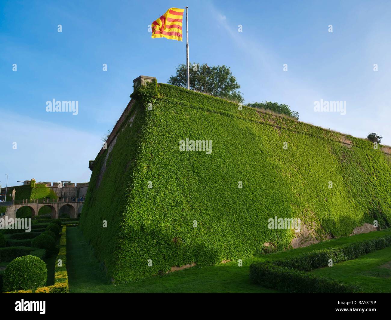 Una vista panoramica del Castello di Montjuic a Barcellona, in Spagna, con le sue storiche mura in pietra in gran parte ricoperte di vibrante edera verde. Le strisce gialle e rosse C. Foto Stock