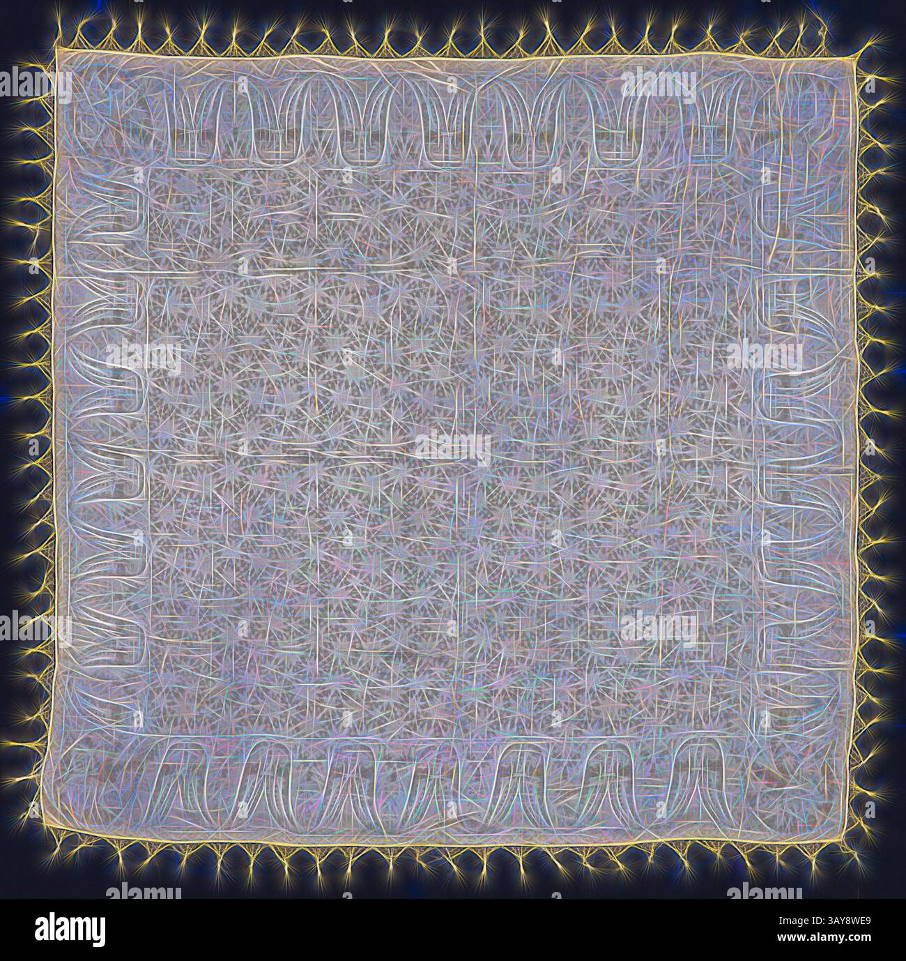 Un design complesso con motivo geometrico e bordo in pizzo, che combina linee vorticose e dettagli delicati che creano un senso di profondità e texture. Scialle, anni '1820, seta, larghezza: 54-7/8 poll. (Senza frangia) L: 56-1/4 poll. (Con frangia), Textile and Fashion Arts, arte classica con un tocco moderno reinventata da Artotop Foto Stock