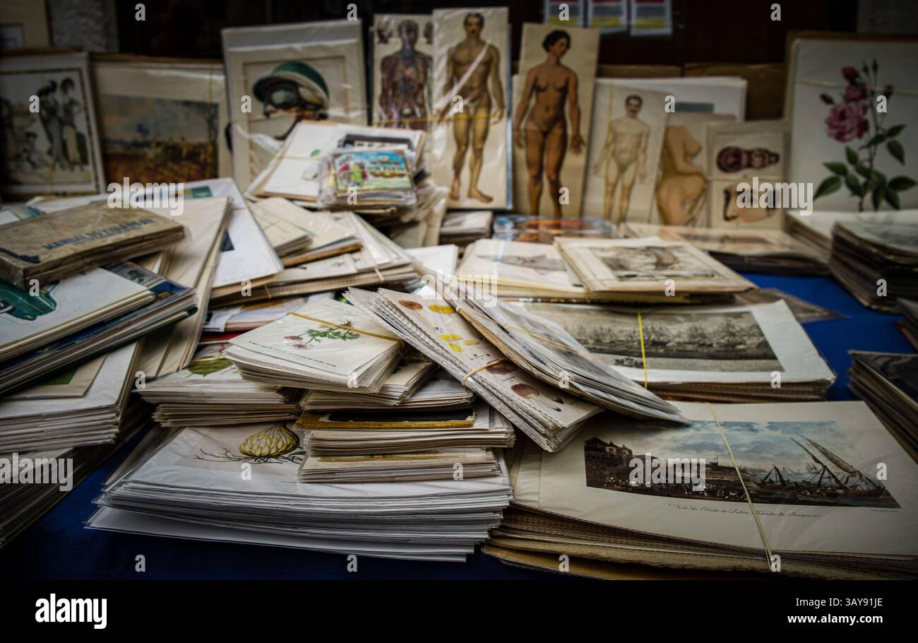 Bancarelle del mercato di Lisbona, incisioni, stampe, articoli botanici, medici Foto Stock