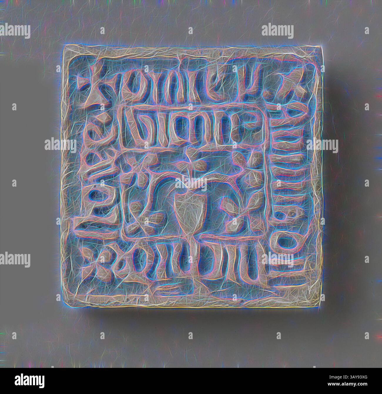 Un pezzo quadrato dal design complesso presenta motivi e simboli ornati, creando una texture visivamente accattivante che evoca un senso di antica arte. Piastrelle, ceramiche morave e piastrelle, produttore (americano), realizzato intorno al 1913, terracotta, 3-7/8 x 3-7/8 x 3/4 poll., altro titolo, Vicario di Stowe, Arti decorative, arte classica con un tocco moderno reinventato da Artotop Foto Stock