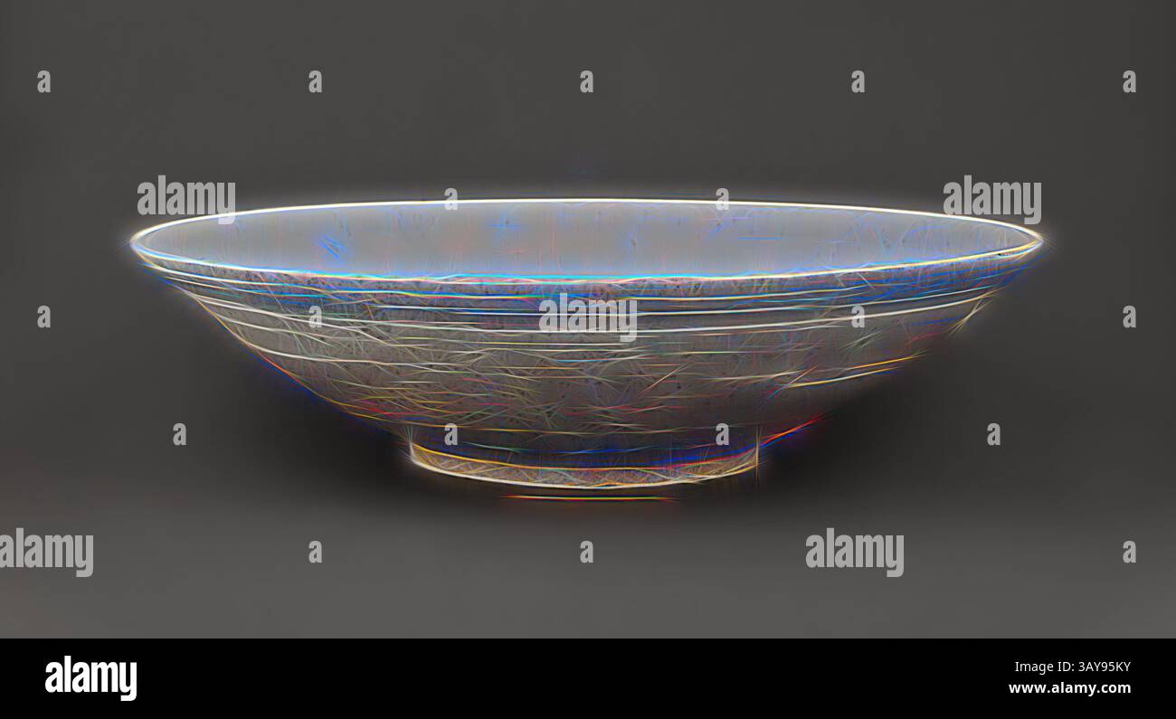 Un recipiente liscio e poco profondo con bordo leggermente svasato e superficie ruvida, poggiato su una base circolare. La ciotola mostra una sottile lucentezza che riflette la luce in un modo che enfatizza le sue eleganti curve e l'artigianato., ciotola, glassa bianca, 2-1/2 h, 9 d, arte asiatica, arte classica con un tocco moderno reinventata da Artotop Foto Stock