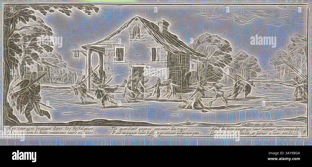 Una caratteristica casa circondata da alberi, con figure impegnate in varie attività nelle vicinanze. La scena evoca un senso di tranquillità e fascino nostalgico, impreziosito da linee fluide e motivi intricati., la Maraude (Marauding), Jacques Callot (francese, 1592-1635), 1633, incisione su carta bianca, 3-1/4 x 7-3/8 poll. (immagine) 3-5/8 x 7-5/8 poll. (Foglio), serie, Les Grandes misÃ¨res de la guerre (la grande miserie della guerra), arte classica con un tocco moderno reinventata da Artotop Foto Stock