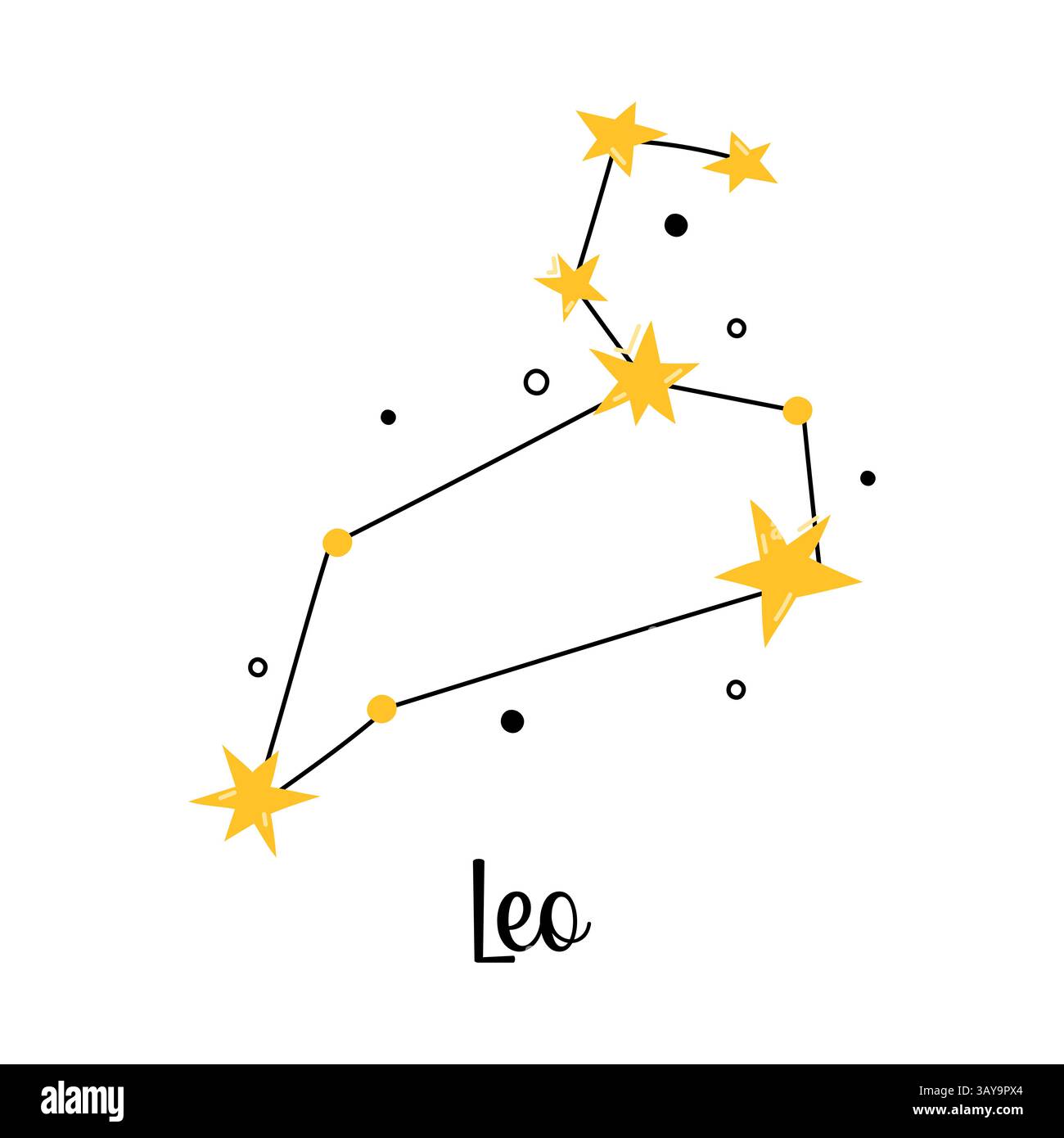 Costellazione di Leo Zodiac. Segno astrologico isolato dal vettore, simbolo, elemento. Schema di costellazione con stelle e scarabocchi carini. Design semplice di Illustrazione Vettoriale
