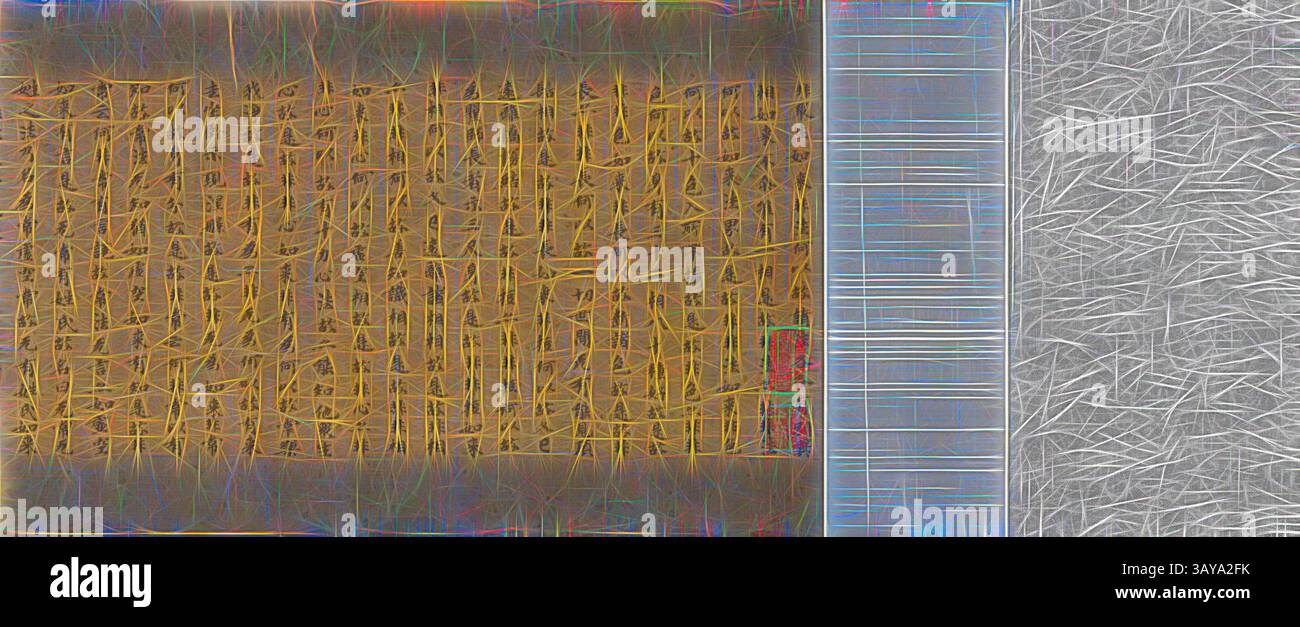 Una composizione testurizzata caratterizzata da intricati motivi in toni terrosi e da una sezione più leggera e lineare, che crea un contrasto sorprendente di complessità e semplicità., Mahaparinirvana Sutra (Daboniepan Jing) CH. 22, dinastia Tang, dinastia Tang, anni '700, inchiostro su carta, 10-7/8 x 282 poll. (immagine) 10-7/8 x 287 poll. (Mount), arte asiatica, arte classica con un tocco moderno reinventata da Artotop Foto Stock
