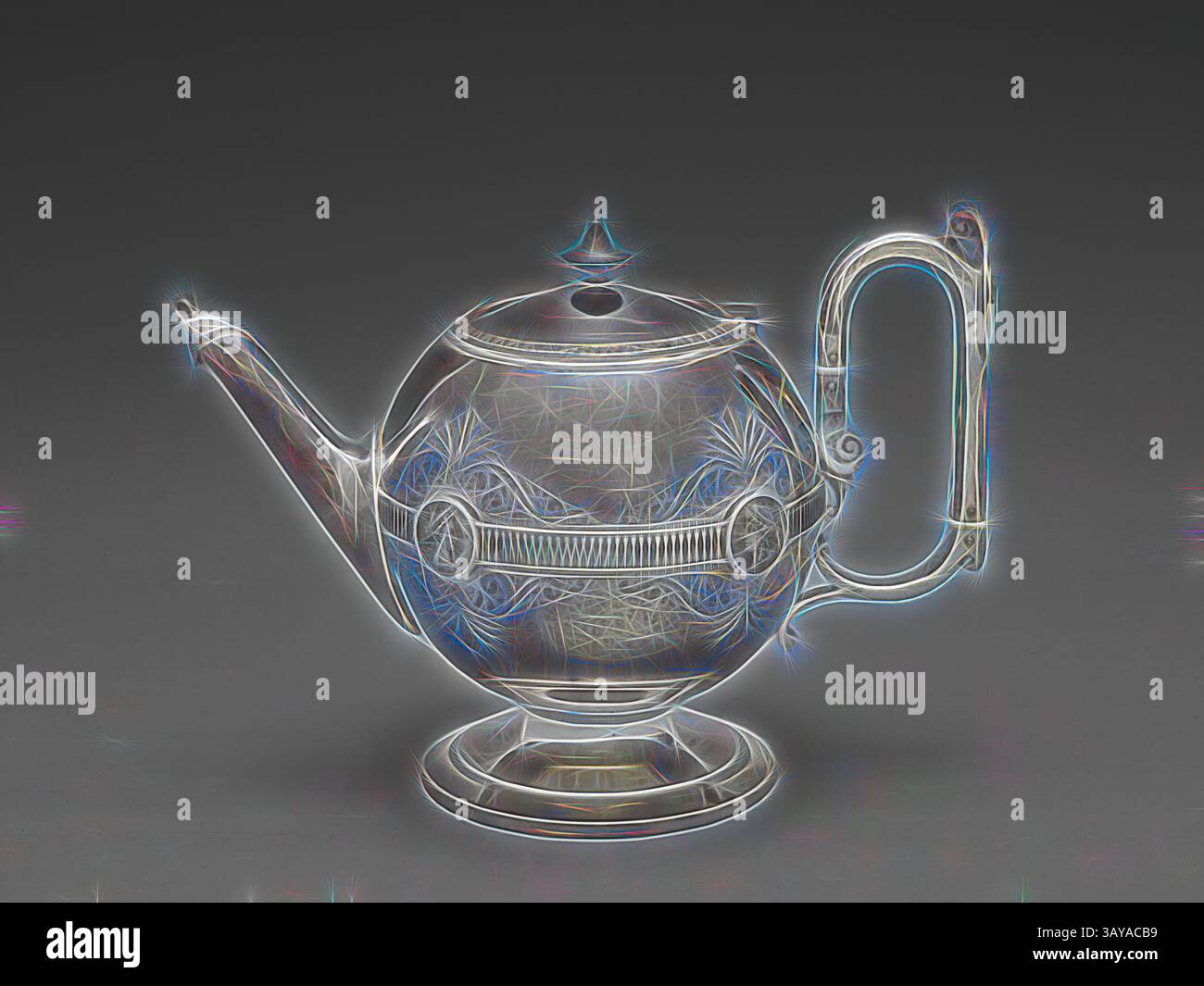 Teiera dal design elegante con motivi intricati e una forma distintiva, caratterizzata da un beccuccio curvo e un manico grazioso che irradia una sottile iridescenza che mette in risalto la sua maestria artistica., teiera con motivo Medallion, George Wilkinson, Designer (americano, nato britannico, 1819-1894), Gorham Manufacturing Company, Silver Division, Manufacturer (American), J. E. Caldwell & Co., Philadelphia, Retailer (American), circa 1865, Silver, 7 x 10 x 5-3/4 pollici, inciso, lato: HR [monogramma] impresso, lato inferiore: J. E. CALDWELL & Co., [passante leone rivolto a destra, ancora, gotico G], 211, 7 graffiato Foto Stock