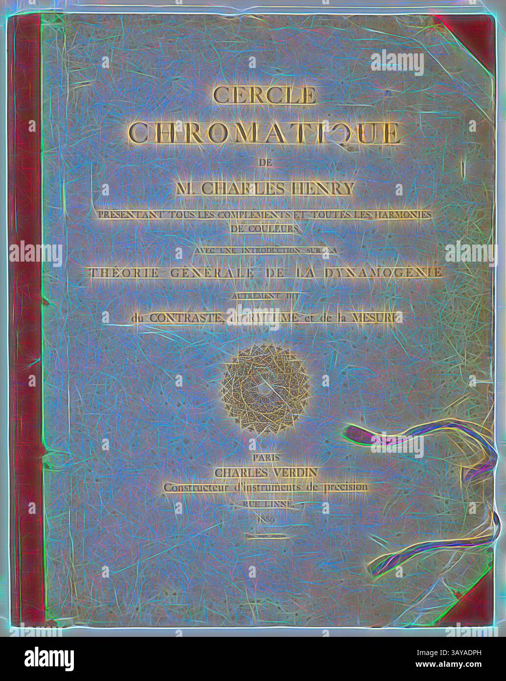 Una copertina artistica di un libro intitolato "Cercle Chromatique" di Charles Henry, con disegni intricati e colori vivaci. Il testo mette in evidenza i temi dell'armonia e della dinamica dei colori, mostrando gli aspetti teorici della percezione e della misurazione dei colori., Cercle Chromatique, Charles Henry, Librarian (francese, 1859-1926), 1888-1889, stampa a lettere e incisione in acciaio, 23-1/2 x 16-3/4 poll. (Foglio), firmato e numerato in inchiostro sulla pagina del collofone, u.c.: 161 Charles Henry, arte classica con un tocco moderno reinventata da Artotop Foto Stock