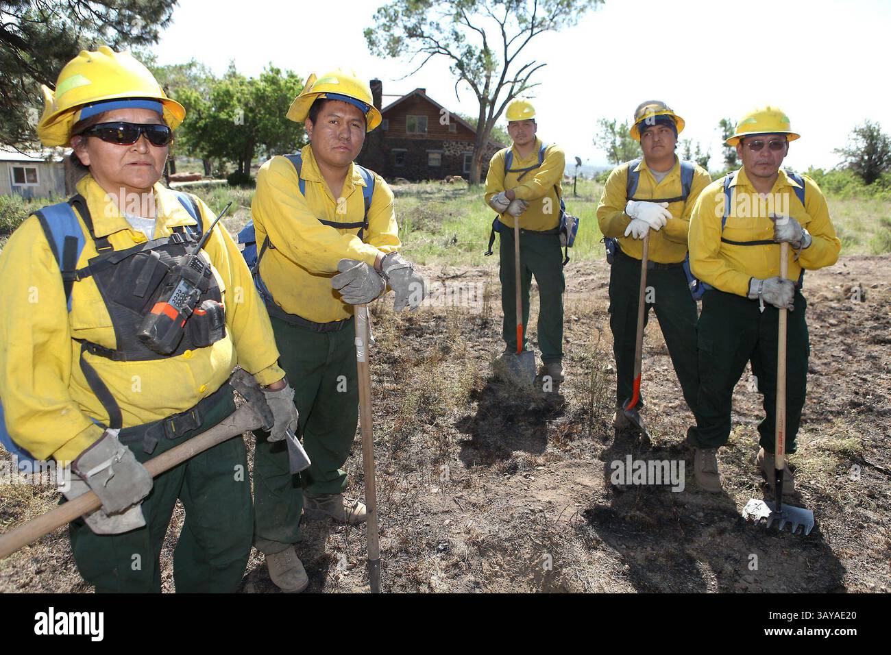 23 giugno 2010 - Flagstaff, Arizona, Stati Uniti - i membri dell'equipaggio di Fort Apache 4 IA stanno di fronte ad una delle case che hanno salvato alla fine di Brandis Way. L'equipaggio ha combattuto contro l'incendio Schultz che è arrivato a meno di 200 metri dalle case. Nella foto da sinistra a destra ci sono il capo squadra Valena Nosie, Garrett Thompson, Waylon Zangotah, Natalish Miller e Anson Tessay. (Immagine di credito: © Jake Bacon/Arizona Daily Sun/ZUMApress.com) Foto Stock