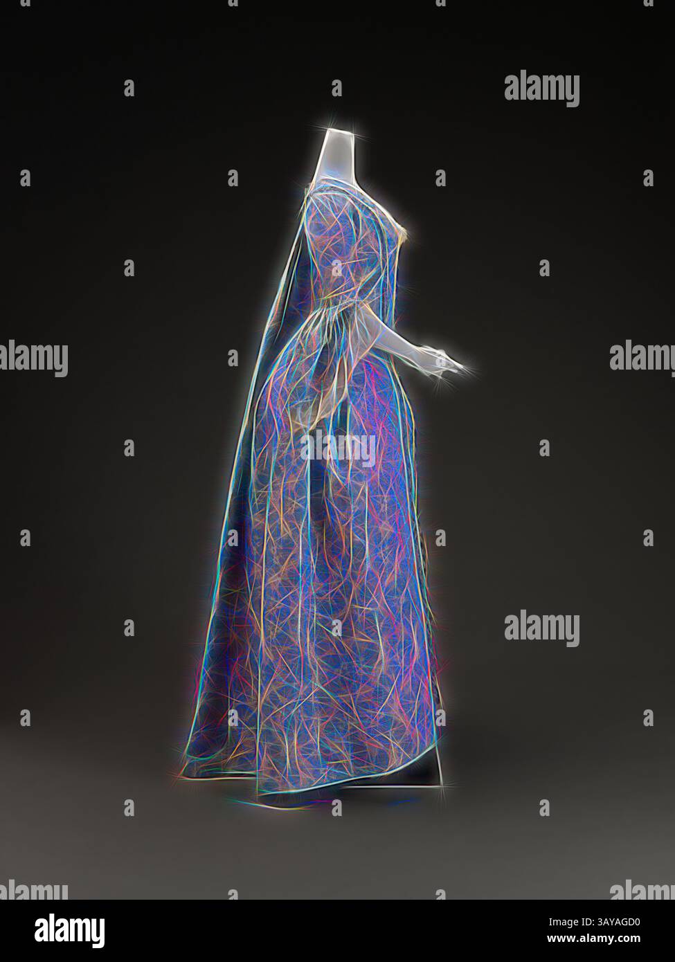 Un camice di grande impatto con motivi intricati e una silhouette fluida, illuminato da linee brillanti e vibranti che creano un senso di movimento e di arte. L'elegante abito sfoggia un mix di elementi tradizionali e moderni, enfatizzando la sua abilità artigianale unica. Abito, circa 1760, broccato di seta con ordito e trama supplementari di seta, schienale centrale 57-1/2 poll., Arte tessile e Moda, arte classica con un tocco moderno reinventato da Artotop Foto Stock