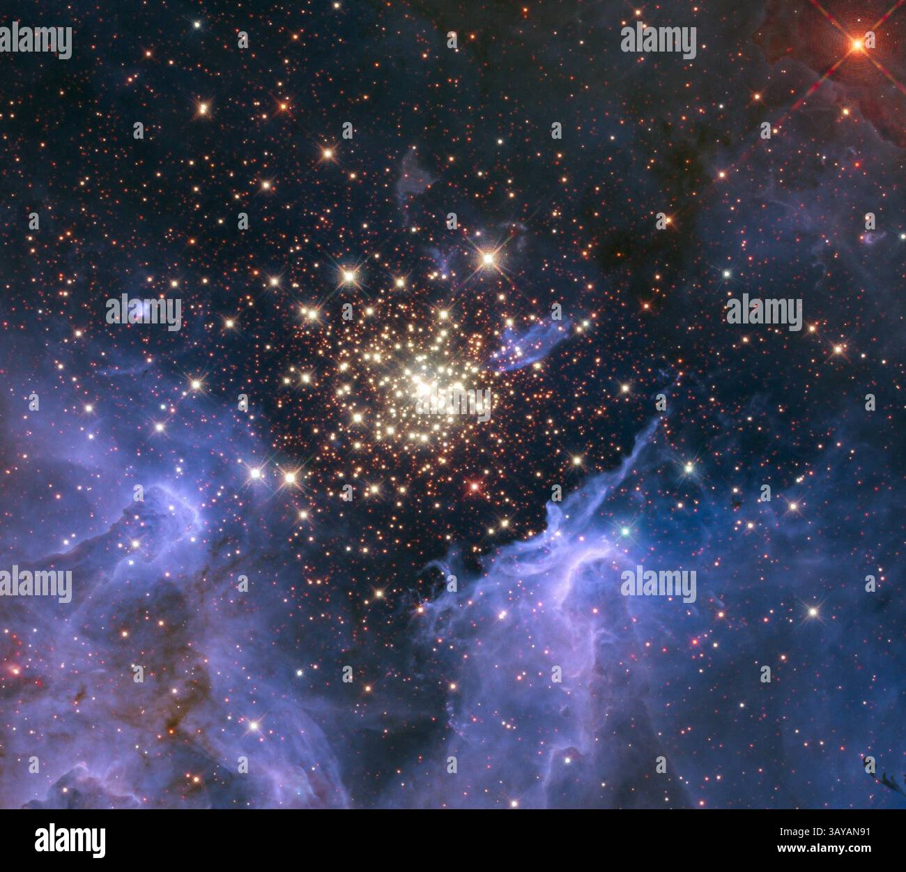 06 lug 2010 - Constellation carina - come uno spettacolo di fuochi d'artificio del giorno dell'indipendenza, una giovane e scintillante collezione di stelle sembra un'esplosione aerea. L'ammasso è circondato da nuvole di gas interstellari e polvere, la materia prima per la formazione di nuove stelle. La nebulosa, situata a 20.000 anni luce di distanza nella costellazione carina, contiene un ammasso centrale di enormi stelle calde, chiamate NGC 3603. Le radiazioni ultraviolette e i violenti venti stellari hanno fatto esplodere un'enorme cavità nel gas e nella polvere che avvolge l'ammasso, fornendo una visuale libera dell'ammasso. NGC 3603 contiene alcuni mos Foto Stock