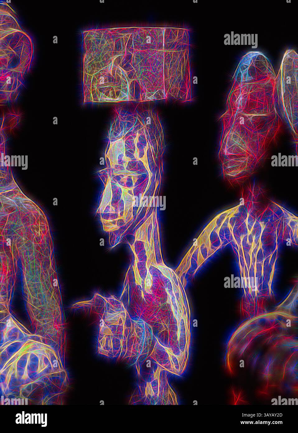 Un'interpretazione artistica di figure scultoree, caratterizzate da forme allungate e motivi intricati, evidenziate da colori vivaci che creano un effetto dinamico e ultraterreno. Le figure raffigurano caratteristiche umane, impegnate in un contesto simbolico o rituale, invitando l'esplorazione di narrazioni culturali attraverso la rappresentazione stilizzata., maschera casco Magbo per l'associazione Oro, Onabanjo di ITU Meko, fine XIX secolo - inizio XX secolo, legno, pigmento, ferro, 28-3/4 x 13-3/4 x 18-1/2 pollici, arte africana, arte classica con un tocco moderno reimmaginato da Artotop Foto Stock