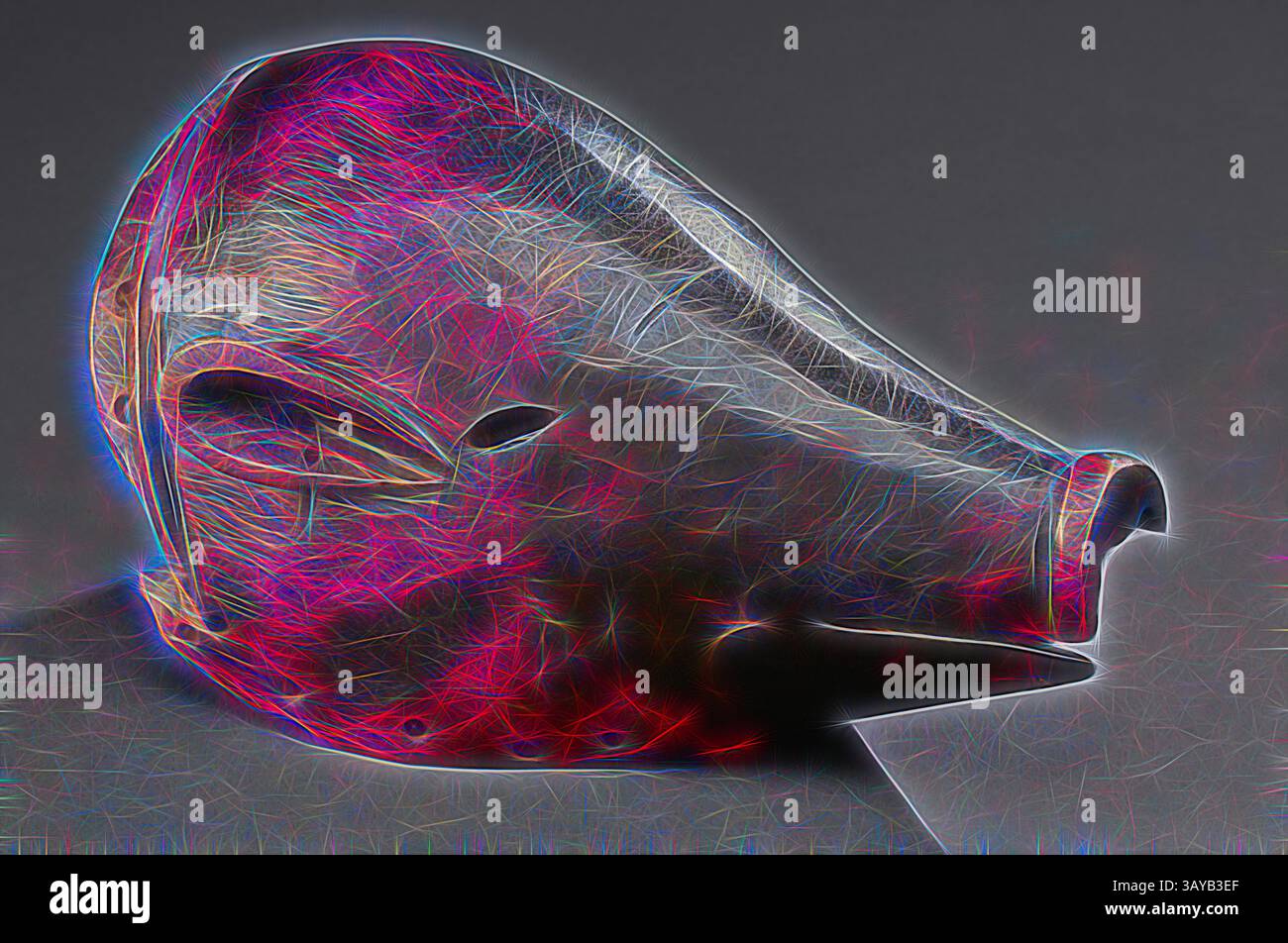 Una maschera stilizzata che ricorda il volto di un maiale, caratterizzata da caratteristiche esagerate e vivaci tonalità elettriche che creano un effetto visivo sorprendente. Le linee e le texture intricate aggiungono profondità e senso di movimento, esaltando il suo fascino artistico. Maschera facciale (ngulu) (motivo maiale), persone Chokwe, legno, 8-1/2 x 8 x 12 pollici, arte africana, arte classica con un tocco moderno reinventata da Artotop Foto Stock