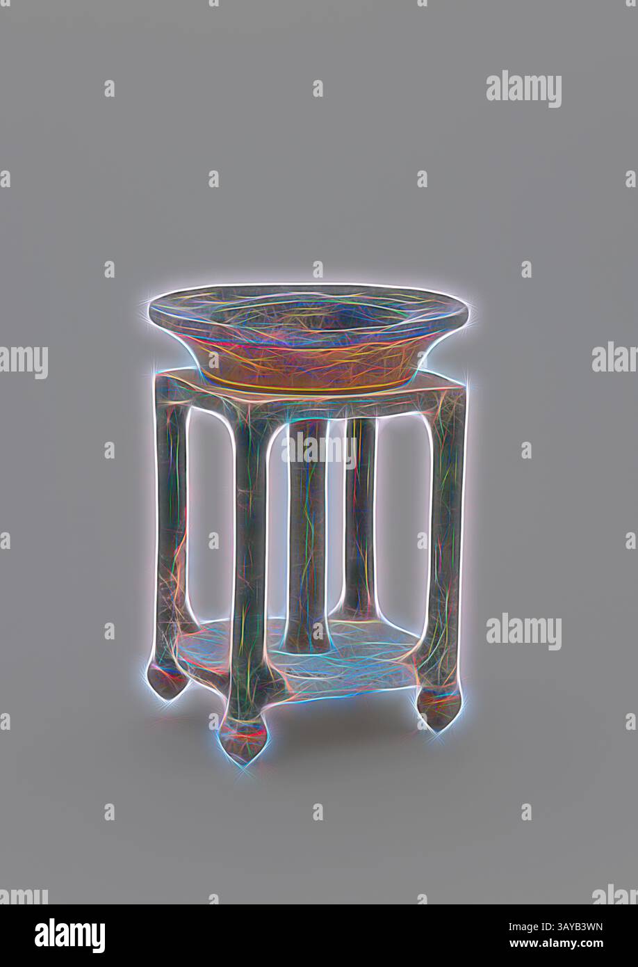 Uno sgabello stilizzato e dal design complesso con quattro gambe e una seduta circolare, che mostra linee e motivi vivaci che aggiungono un tocco artistico unico alla sua forma tradizionale., statuetta sepolcrale: Basin, dinastia Ming, dinastia Ming, 1500, gres con smalto, 1-1/8 x 4-7/8 (diam.) In., arte asiatica, arte classica con un tocco moderno reinventata da Artotop Foto Stock