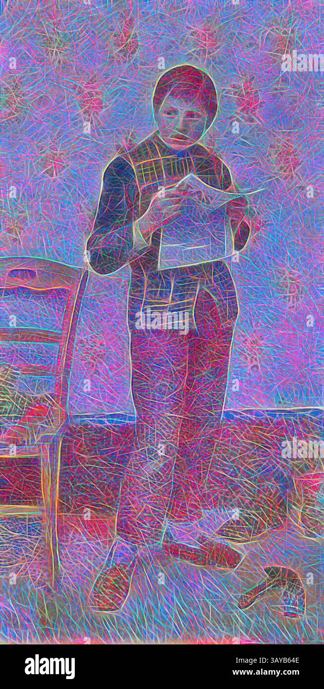 Una persona sta accanto a una sedia, leggendo intensamente un pezzo di carta, circondato da uno sfondo vibrante e astratto che aggiunge un tocco dinamico alla scena., lo stivale Polisher, Henri DelavallÃ©e (francese, 1862-1943), 1890, olio su tela, 62-5/8 x 31-7/8 poll. (tela) 74-3/4 x 43-1/2 x 4-3/4 poll. (Incorniciato), firmato e datato, in basso a destra: H. DelavallÃ©e 1890, European Painting and Sculpture 1800-1945, arte classica con un tocco moderno reinventata da Artotop Foto Stock