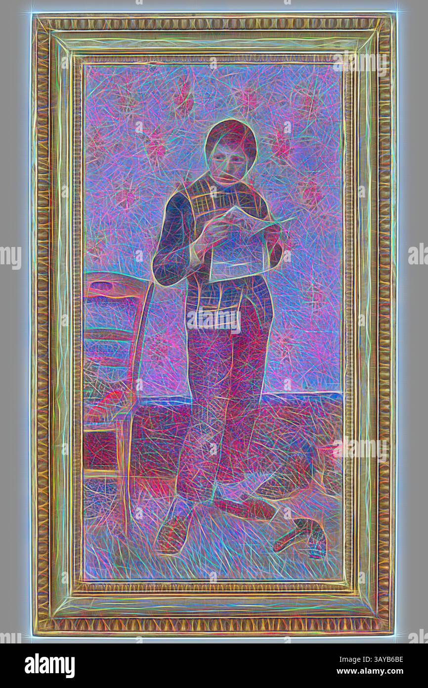 Una figura si erge con cura, avvolto nella lettura di un pezzo di carta, circondato da un interno accogliente che presenta una sedia e oggetti sparsi per terra, tutti resi in colori vibranti e vorticosi che creano un'atmosfera da sogno., lo stivale lucidatrice, Henri DelavallÃ©e (francese, 1862-1943), 1890, olio su tela, 62-5/8 x 31-7/8 poll. (tela) 74-3/4 x 43-1/2 x 4-3/4 poll. (Incorniciato), firmato e datato, in basso a destra: H. DelavallÃ©e 1890, European Painting and Sculpture 1800-1945, arte classica con un tocco moderno reinventata da Artotop Foto Stock