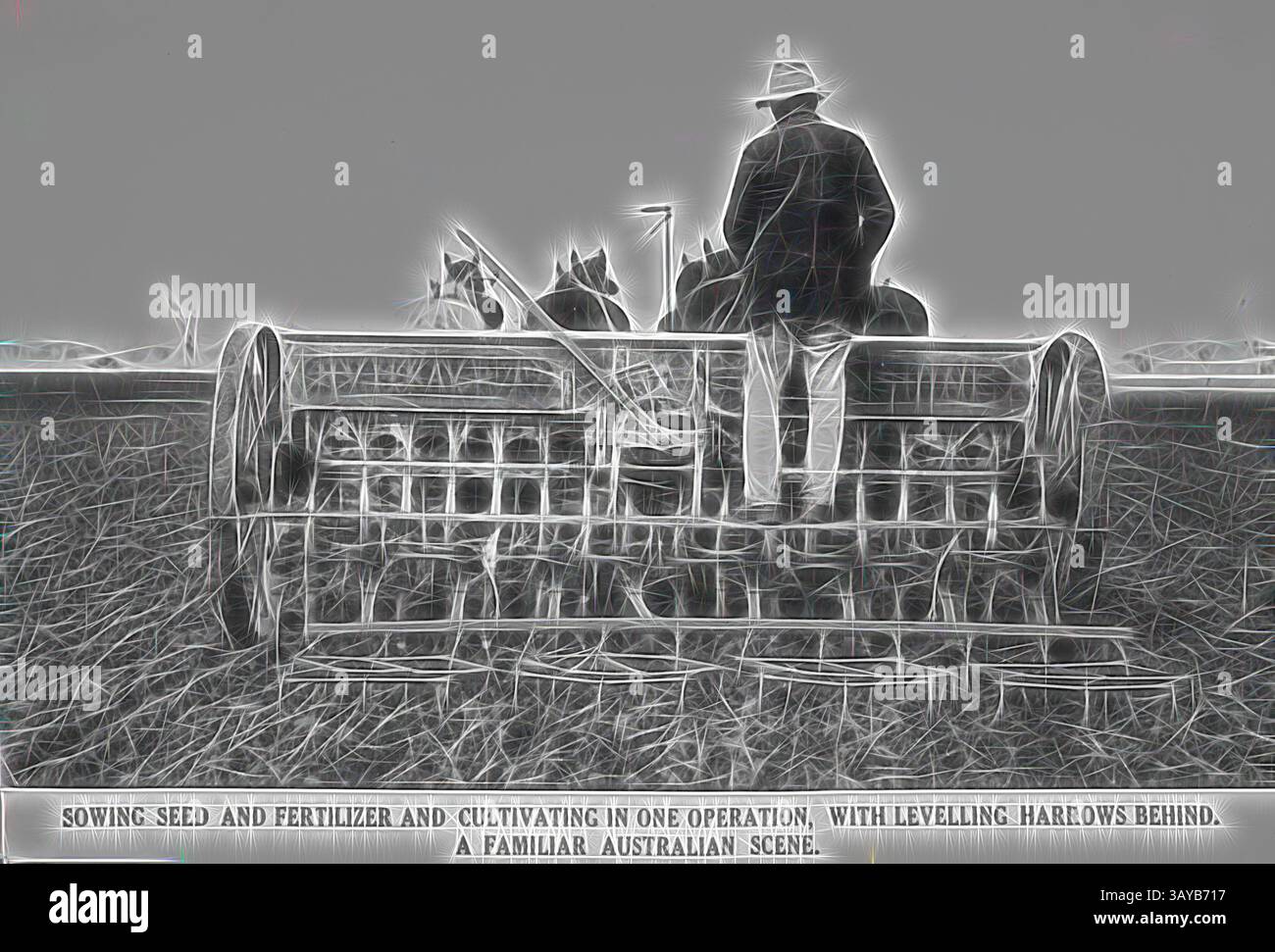 Un agricoltore gestisce una seminatrice trainata da cavalli, supervisionando la semina di semi e fertilizzante in un tipico paesaggio australiano, dove la terra viene preparata per il raccolto successivo., Fotografia - H.V. McKay Massey Harris, Farm Equipment Manufacture & Field Trials, Melton, Victoria, maggio 1933, '16 file 'Suntyne' al lavoro nella proprietà del signor H. Hurley, Melton, Vic: Maggio 1933 [la didascalia legge]'semina e fertilizzante, con un'semina dietro un'semina in fila. Un'arte classica con un tocco moderno reinventata da Artotop Foto Stock