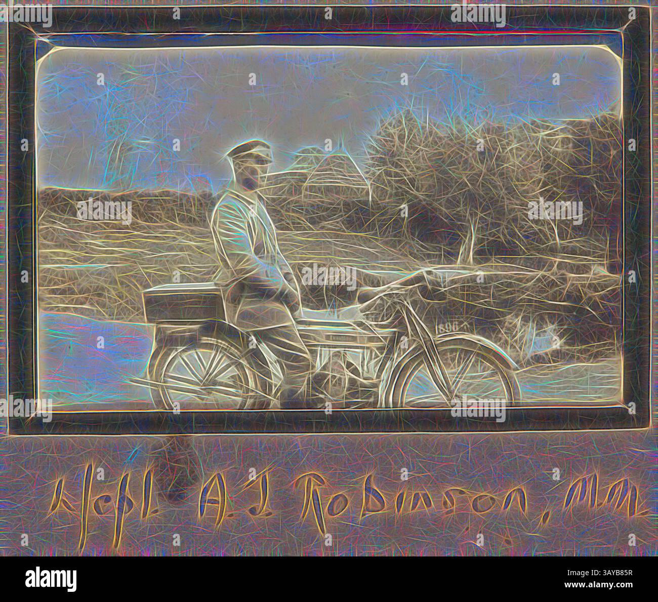 Un uomo in uniforme militare siede su una motocicletta d'epoca, posato con sicurezza accanto a un paesaggio sereno con alberi e un edificio lontano sullo sfondo. La scena è impreziosita da un effetto artistico onirico che aggiunge un tocco unico al momento catturato., fotografia - 'L/Cpl. A. J. Robinson', Francia, sergente John Lord, prima guerra mondiale, 1916-1917, stampa fotografica in bianco e nero che raffigura il caporale Albert Joseph Robinson. Albert Joseph Robinson si arruolò nell'esercito australiano il 20 agosto 1914 a 24 anni. Fu inizialmente dispiegato a Gallipoli nell'agosto 1915, ma lo fu Foto Stock