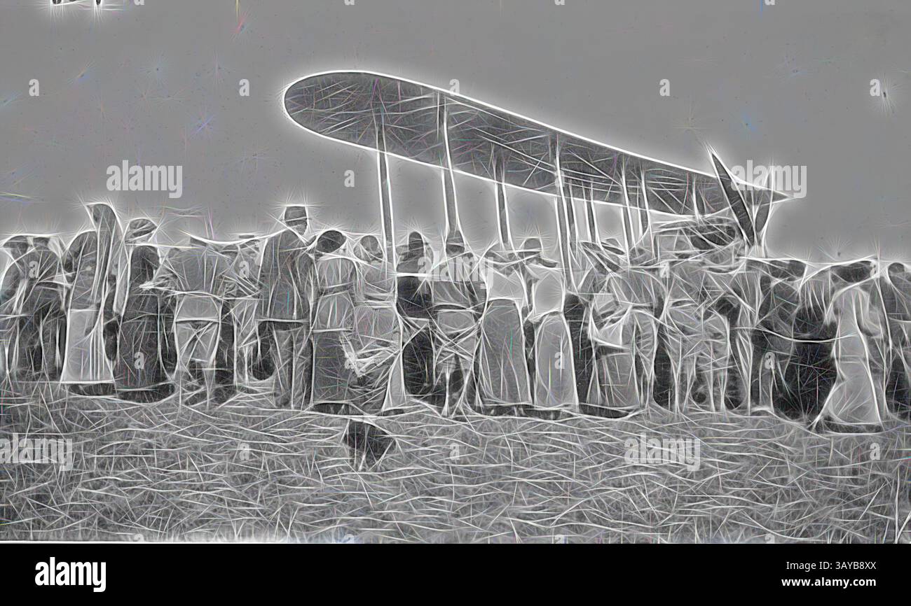 Una grande folla si riunisce in attesa mentre un biplano d'epoca si prepara al decollo, mostrando un momento di eccitazione e curiosità in un'epoca di aviazione precoce., Una folla intorno a un velivolo da falco harry broadmeadows 1914 era un meccanico di auto di melbourne che divenne famoso in inghilterra come aviatore progettista di aerei, arte classica con un tocco moderno reinventato da Artotop Foto Stock