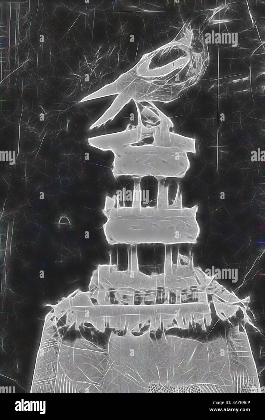 Un'interpretazione astratta di una struttura torreggiante, caratterizzata da linee e forme intricate che evocano un senso di profondità e dimensione, suggerendo il movimento attraverso le sue forme dinamiche., negativo - Collingwood, Victoria, 1930, Una torta fatta per commemorare quattro premiership consecutive dal Collingwood Football Club. Il magpie era in legno e misurava 40 cm per 34 cm. Le bambole Kewpie intorno alla base rappresentavano i membri del team. La torta era il pezzo forte del banchetto, arte classica con un tocco moderno reinventata da Artotop Foto Stock