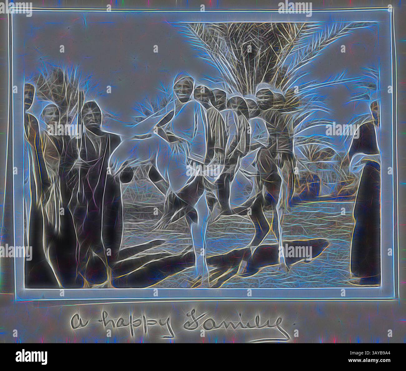 Un gioioso incontro di una famiglia, che celebra insieme a sorrisi e senso di unità, circondato da lussureggianti palme., fotografia - "Una famiglia felice", Egitto, capitano Edward Albert McKenna, prima guerra mondiale, 1914-1915, una delle 139 fotografie di un album della prima guerra mondiale probabilmente scattate dal capitano Edward Albert McKenna. Le fotografie includono l'addestramento del 7th Battalion a Mena Camp, in Egitto, e visite turistiche. Immagine che raffigura quella che la didascalia chiama "Una famiglia felice" e presenta almeno mezza dozzina di bambini montati su un asino. Arte classica con un tocco moderno reinventata da Artotop Foto Stock