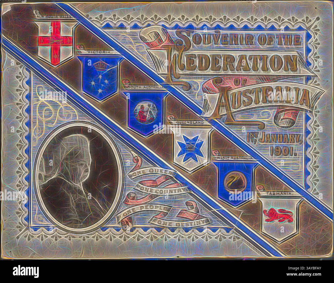Un pezzo decorativo che commemora la Federazione d'Australia, con disegni intricati, simboli nazionali e ritratti che celebrano l'unità e il patrimonio, datato 1 gennaio 1901., opuscolo - 'souvenir della Federazione d'Australia', 1901, Un souvenir pittorico pubblicato da e Whitehead & Co, Melbourne, per commemorare la Federazione d'Australia il 1 gennaio 1901. L'Australia divenne una nazione quando le sei colonie autogovernanti si unirono nel 1901. Il Commonwealth d'Australia è stato inaugurato il 1° gennaio 1901 a Centennial Park, Sydney. A marzo si sono tenute le elezioni per il nuovo Parlamento federale Foto Stock