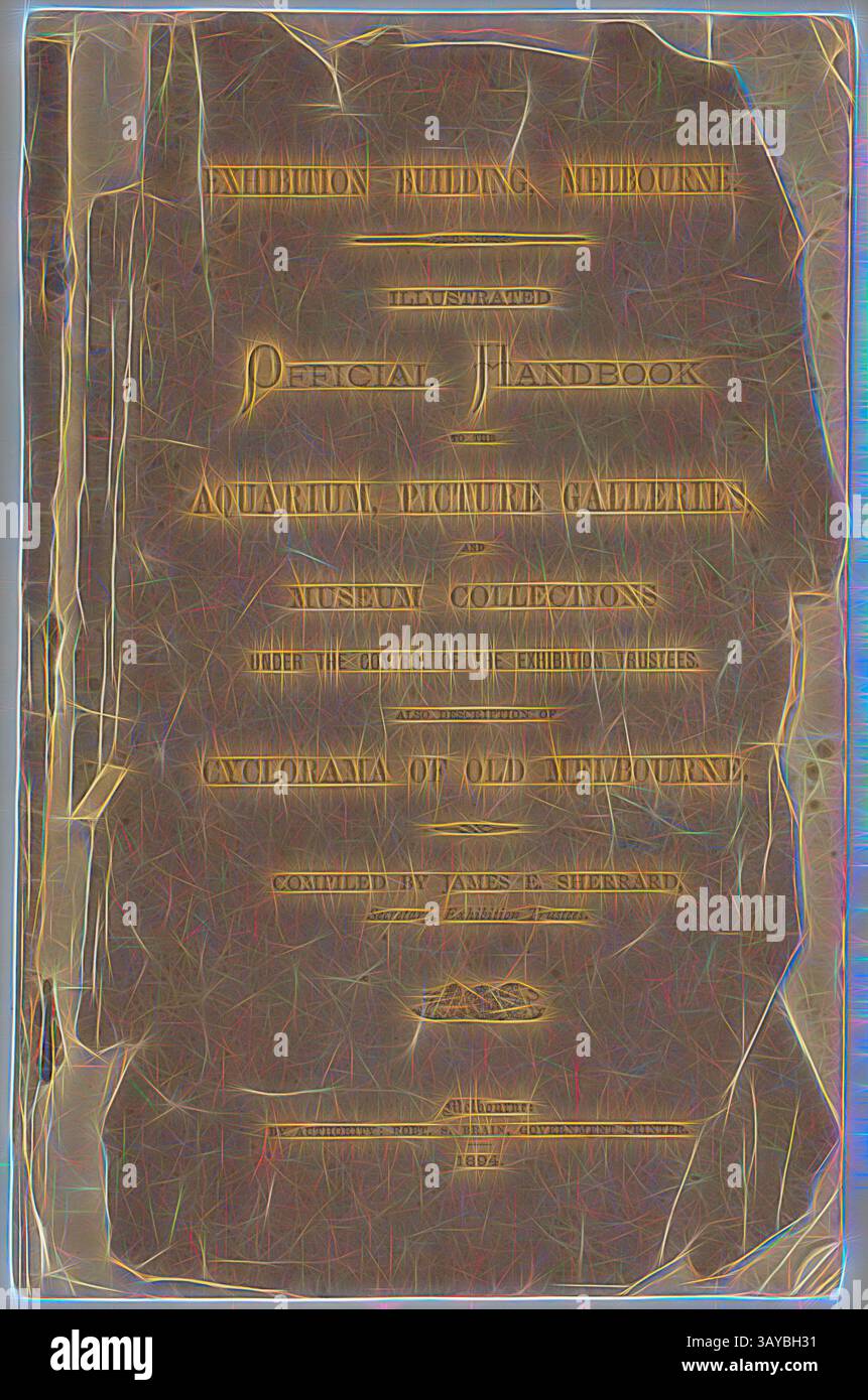 Una vecchia copertina di un manuale illustrato con dettagli sul Nutrition Building di Melbourne, comprese informazioni sulle gallerie dell'acquario e sulle collezioni dei musei, compilate da James R. Sheard. Il titolo è impresso in caratteri ornamentali che riflettono il significato storico del contenuto., Catalogo - 'Manuale ufficiale per l'acquario, gallerie fotografiche e collezioni dei musei', Melbourne, 1894, 'Manuale ufficiale per l'acquario, gallerie fotografiche e collezioni dei musei', pubblicato nel 1894 dai Trustees of the Exhibition Buildings. L'acquario, la pinacoteca e il museo sono stati aperti a. Foto Stock
