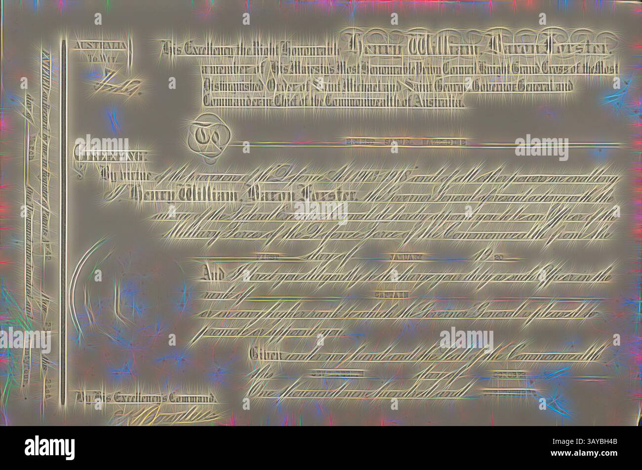 Un documento formale che presenta un testo complesso e un sigillo prominente, che indica una certificazione legale o ufficiale. Il testo sembra delineare termini o accordi, adornati da fioriture decorative., certificato - Commissione di Ernest Samuel Hazeldine come Capitano, forza di difesa del Commonwealth, 1920, certificato cartaceo che conferma la commissione di Ernest Samuel Hazeldine come Capitano, forza di difesa del Commonwealth, 1 gennaio 1920. Il certificato è datato 17 ottobre 1923; l'appuntamento è stato registrato nel "Registro dei brevetti", n.. 42, pagina 231, il 21 marzo 1924. Il certificato Foto Stock