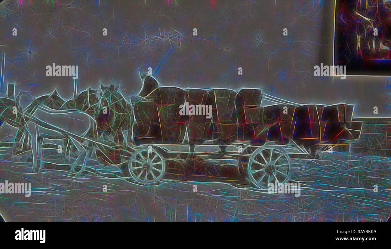 Un carro d'epoca trainato da cavalli pieno di botti di legno, accompagnato da due cavalli, evoca un senso di nostalgia e di artigianato tradizionale. La scena cattura un momento di vita rurale, mettendo in evidenza il legame tra animali e agricoltura. Fotografia - bare su Waggon per corpi recuperati dalla nave silurata "Persia", inizio 1916, fotografia che raffigura un carro che porta bare per corpi recuperati dopo il siluro senza preavviso della nave a vapore britannica Persia da un U-boat nel Mediterraneo orientale negli ultimi giorni del 1915 o primi giorni del 1916. Da un album fotografico creato da Sergeant Foto Stock